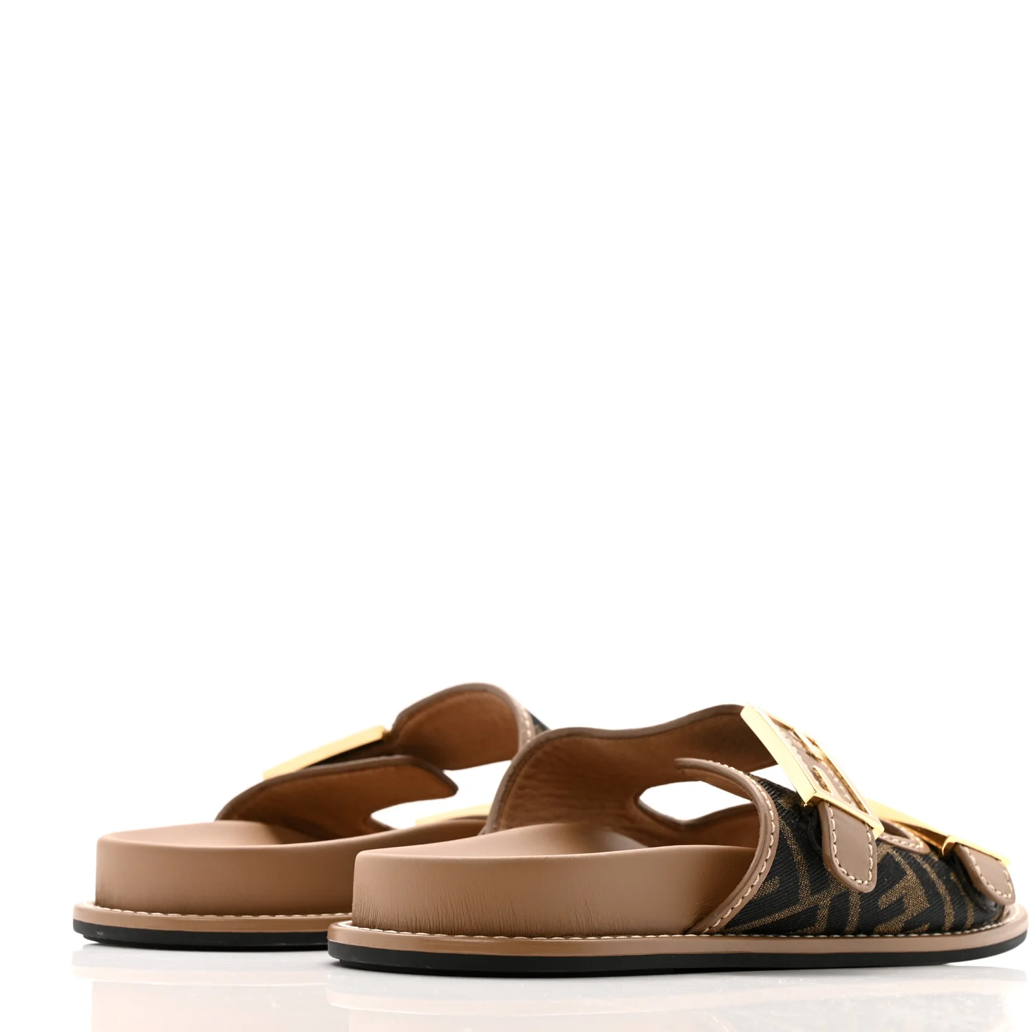 Fabric Jacquard Nappa FF Womens Fendi Feel Buckled Slide Sandals 40 Tobacco Black Miele Scuro - Image 5