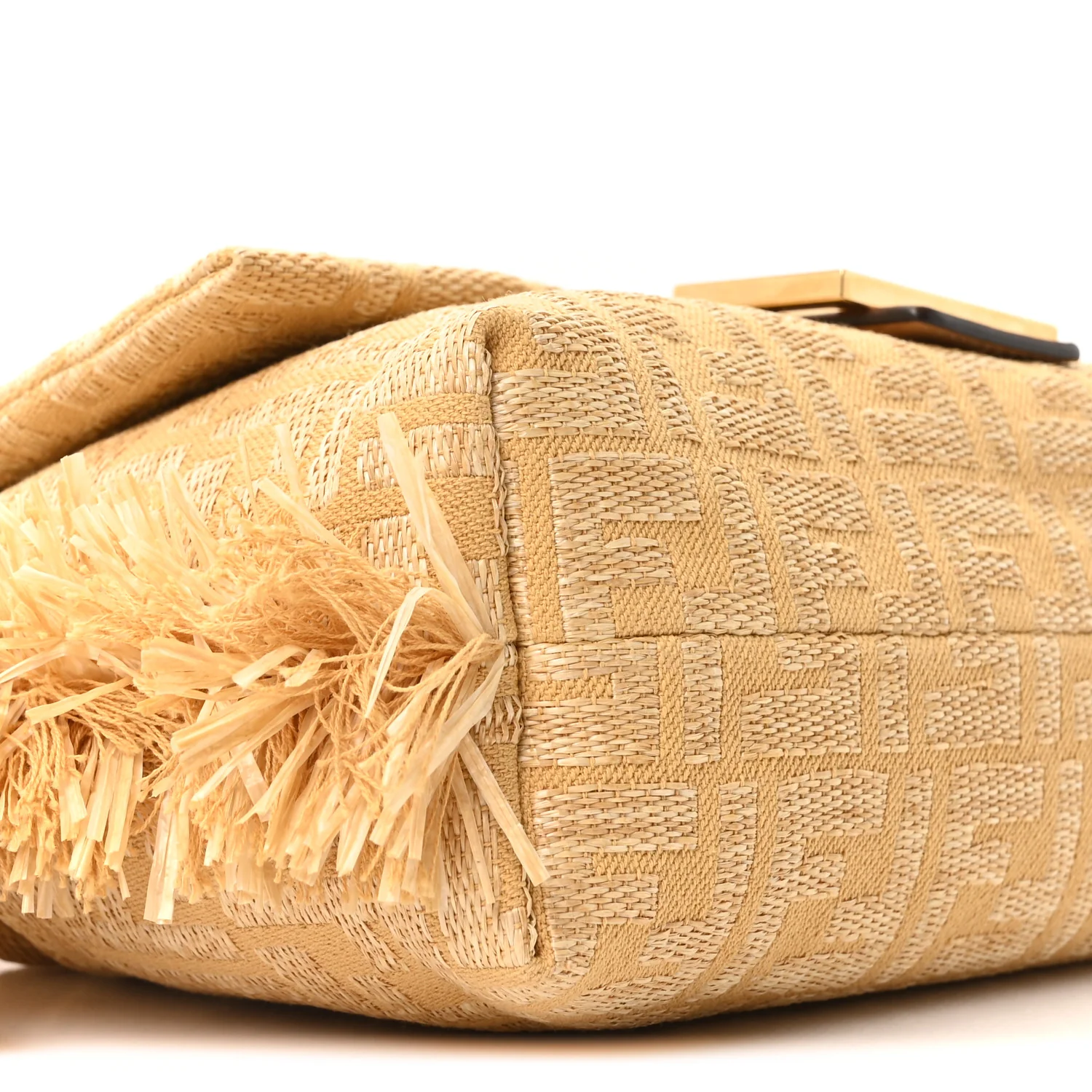 Fabric Jacquard Raffia Straw Fringe Medium Mamma Baguette Beige - Image 16