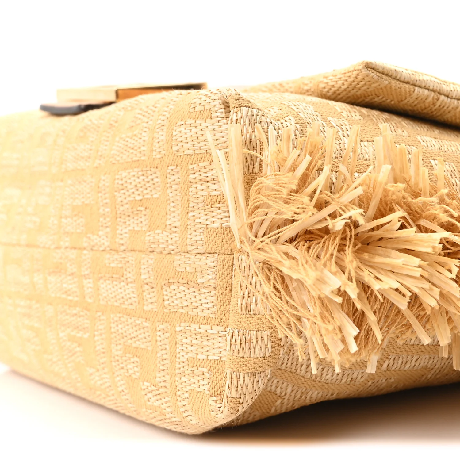 Fabric Jacquard Raffia Straw Fringe Medium Mamma Baguette Beige - Image 19