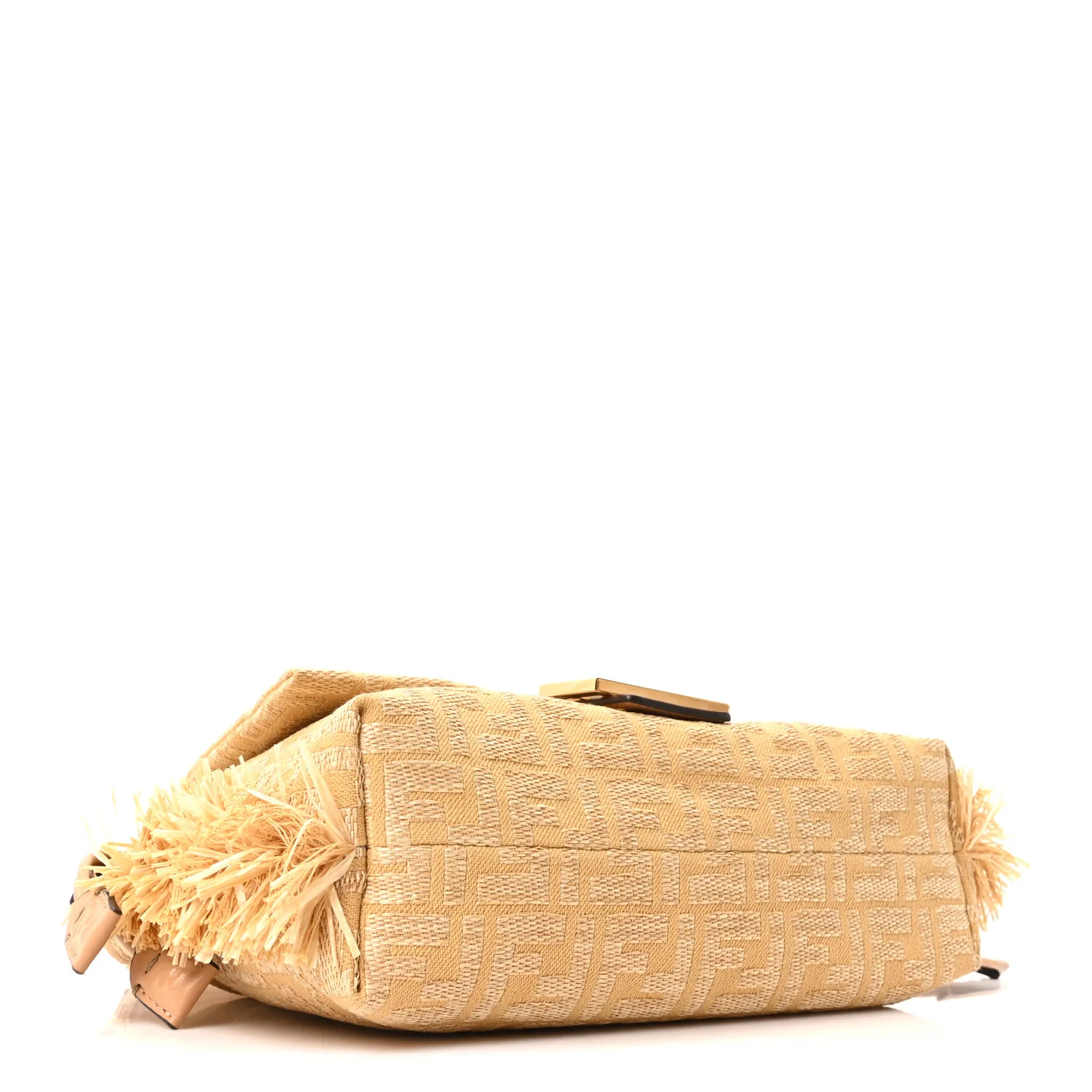 Fabric Jacquard Raffia Straw Fringe Medium Mamma Baguette Beige - Image 6