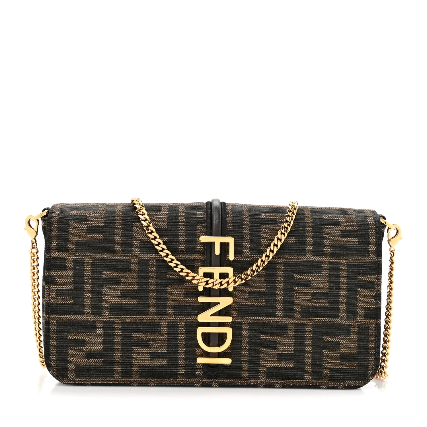 Fabric Jacquard Vitello Grace FF 1974 Fendigraphy Wallet On Chain Tobacco Moro Ebano