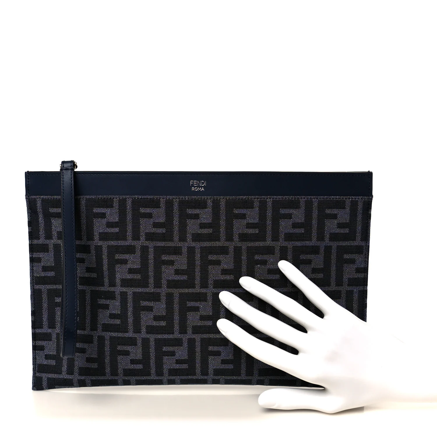 Fabric Jacquard Vitello King FF 1974 Clutch Bag Denim Blue Midnight - Image 2