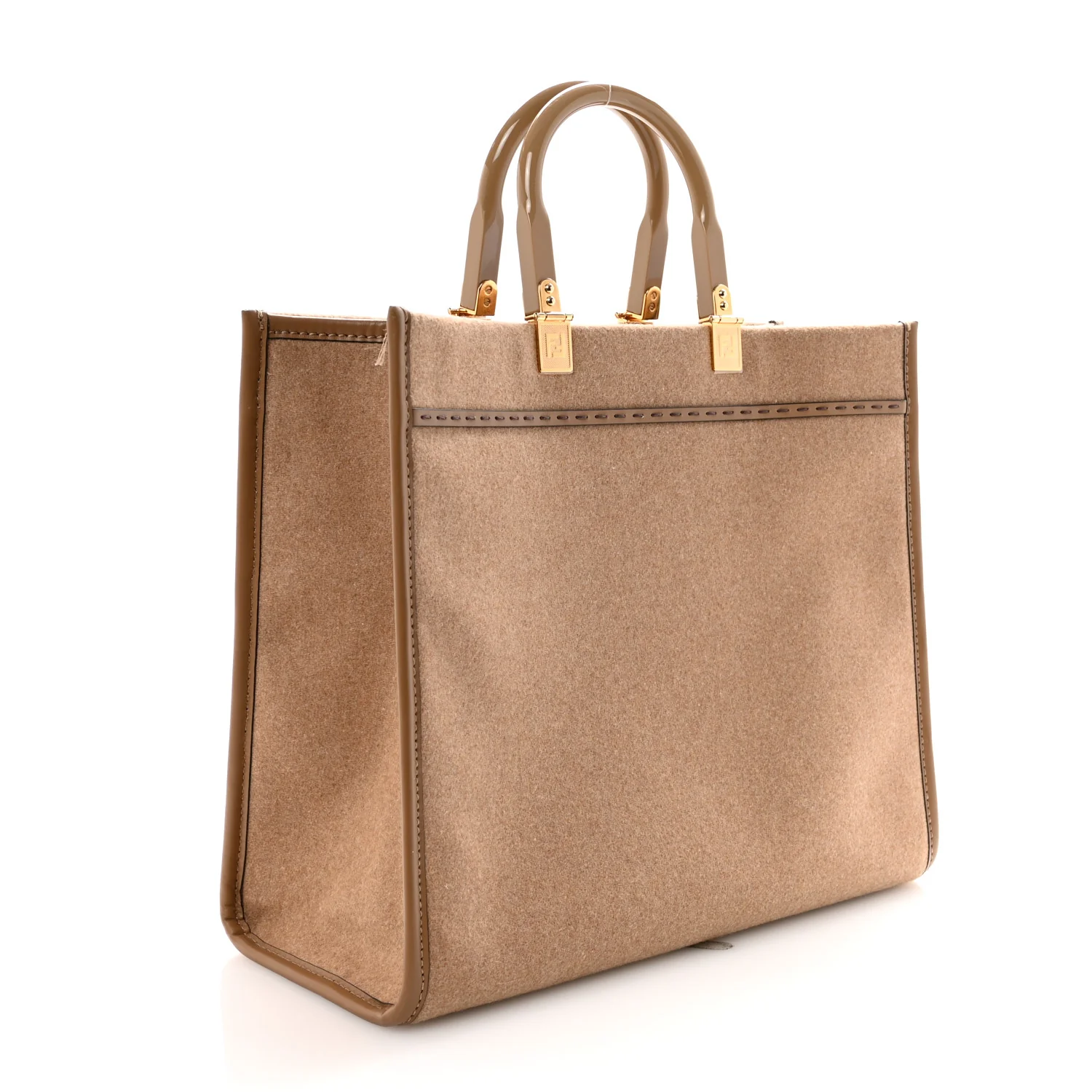 Flannel Vitello King Wool Plexiglass FF Logo Embroidered Medium Fendi Sunshine Shopper Tote Camel Sand - Image 3