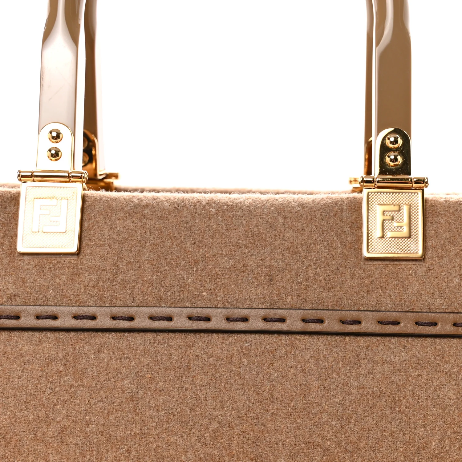 Flannel Vitello King Wool Plexiglass FF Logo Embroidered Medium Fendi Sunshine Shopper Tote Camel Sand - Image 7
