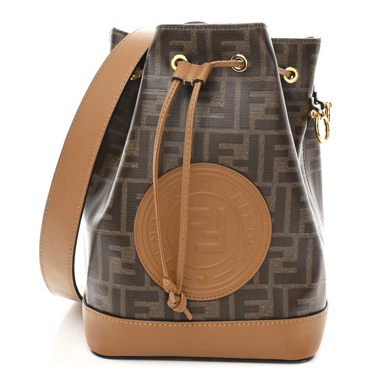 Glazed Fabric Vitello Grace F is Fendi FF 1974 Stamp Patch Grande Mon Tresor Bucket Bag Mogano Panna Nocciola