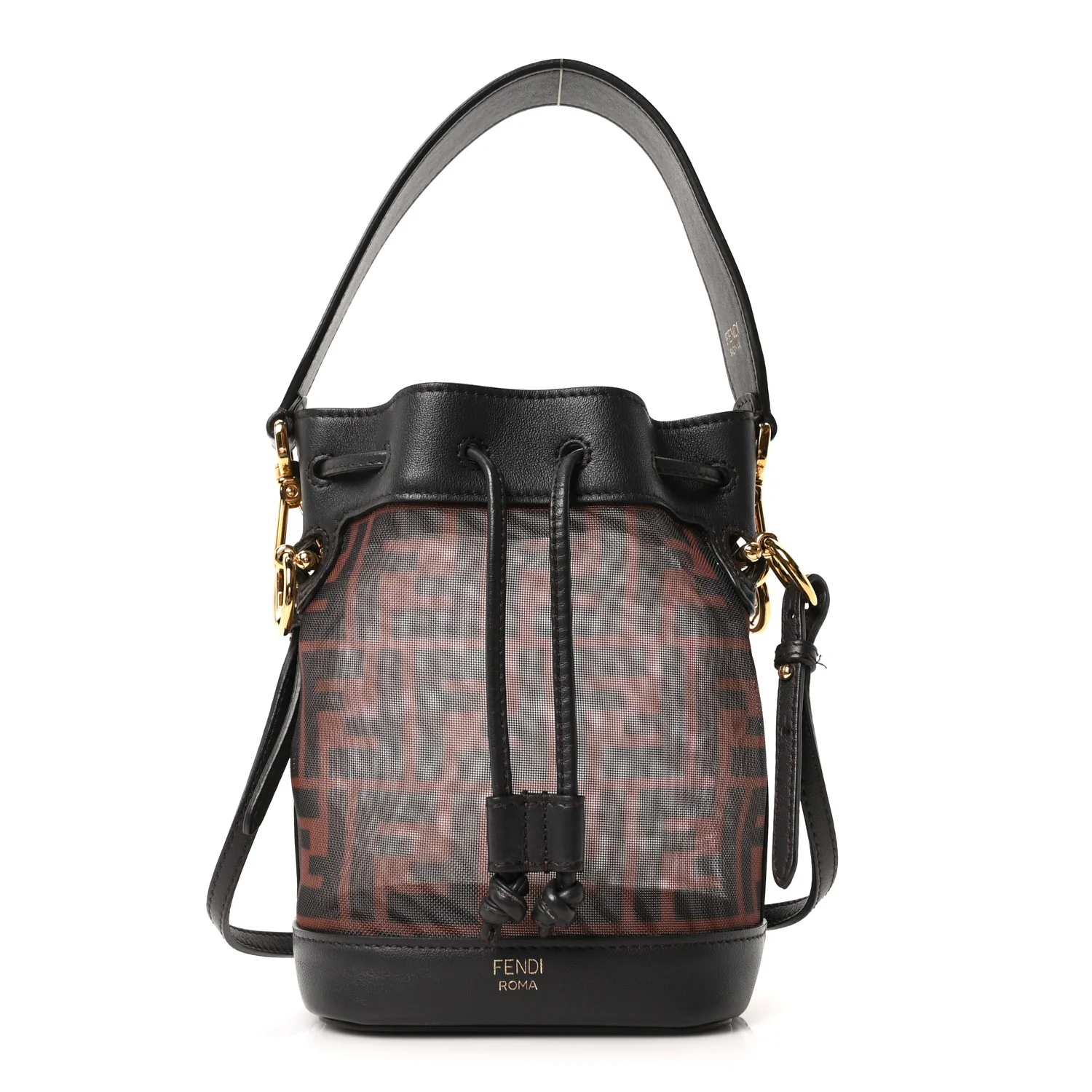 Mesh Vitello Grace F is Fendi FF 1974 Mini Mon Tresor Bucket Bag Marrone Black Ebano