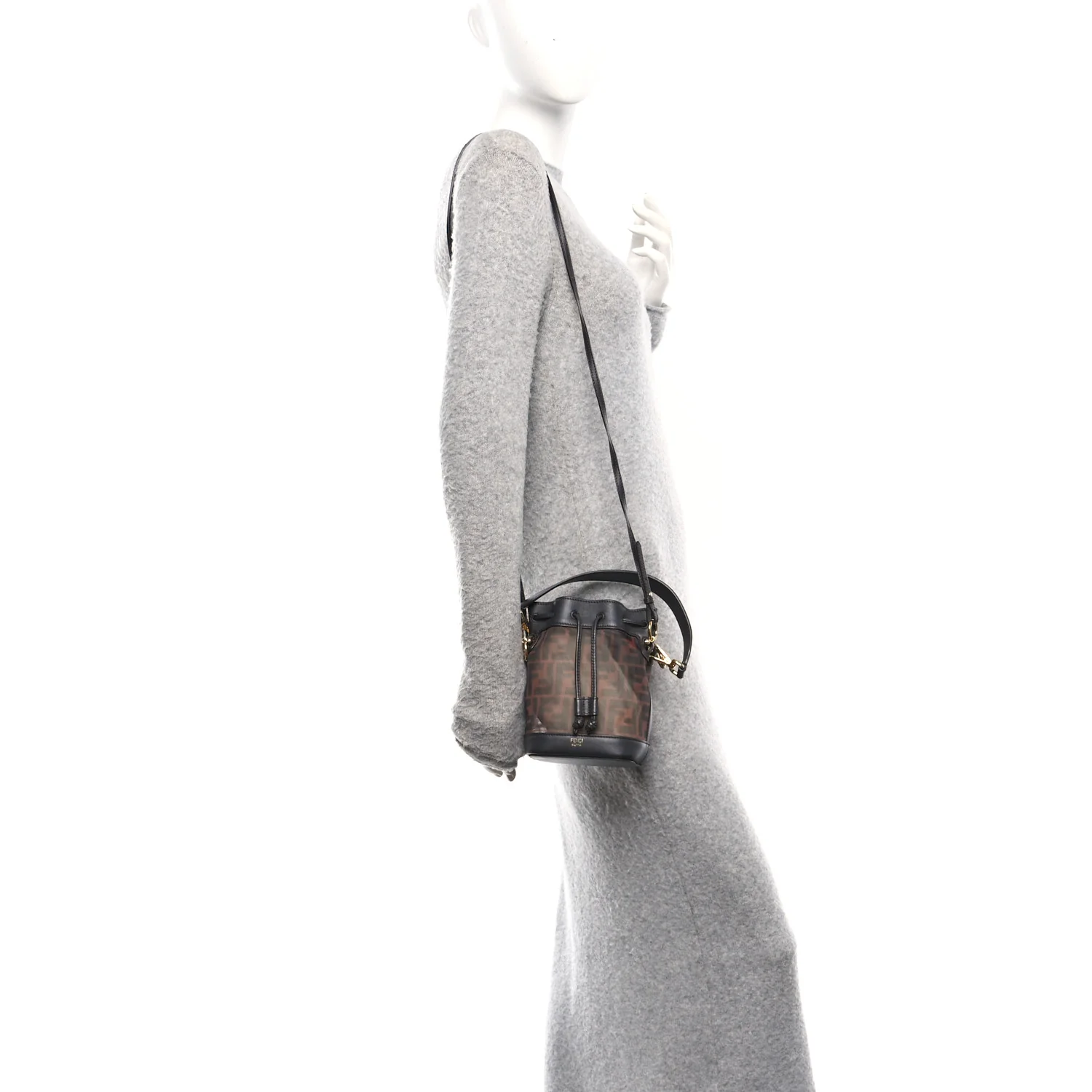 Mesh Vitello Grace F is Fendi FF 1974 Mini Mon Tresor Bucket Bag Marrone Black Ebano - Image 2
