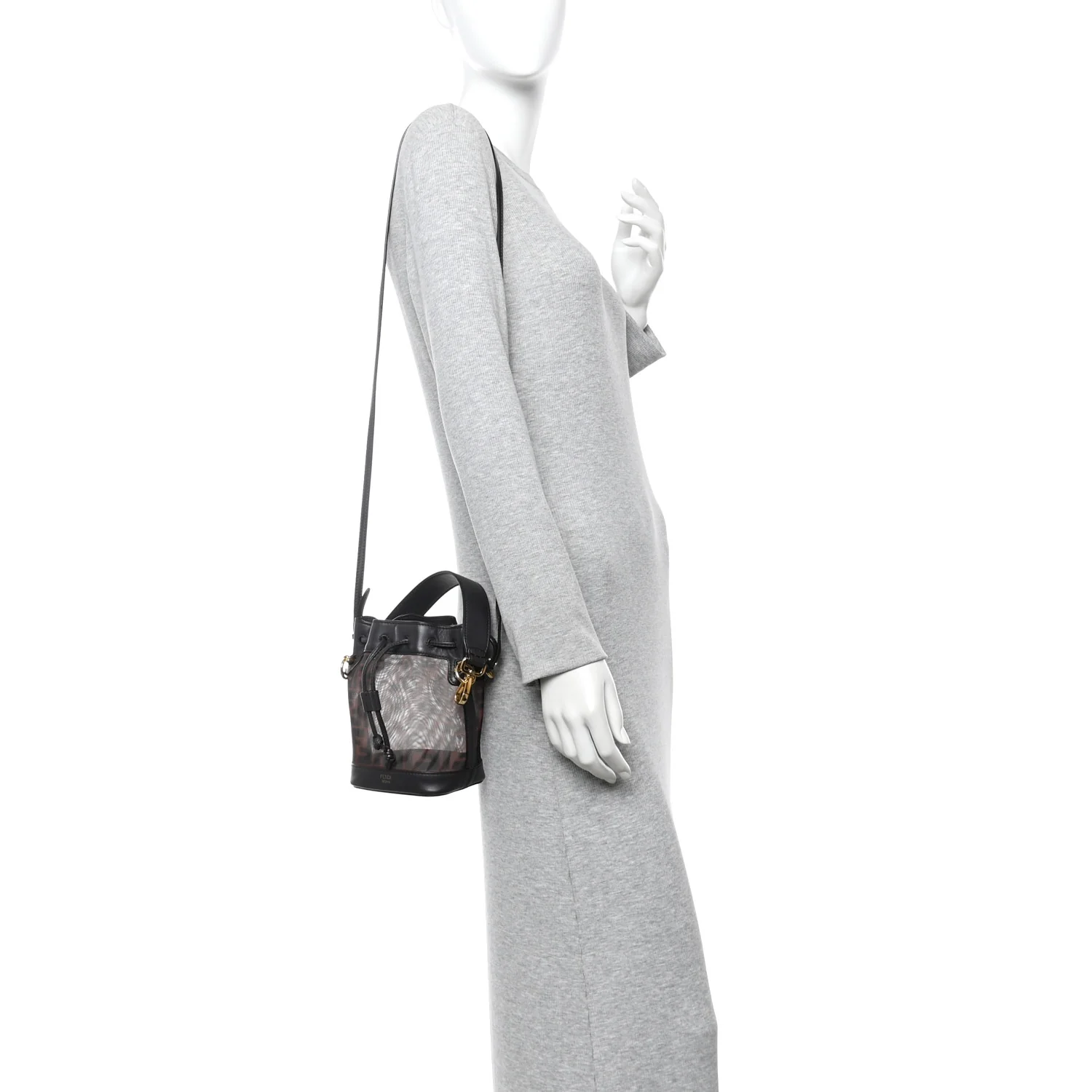 Mesh Vitello Grace F is Fendi FF 1974 Mini Mon Tresor Bucket Bag Marrone Black Ebano - Image 2