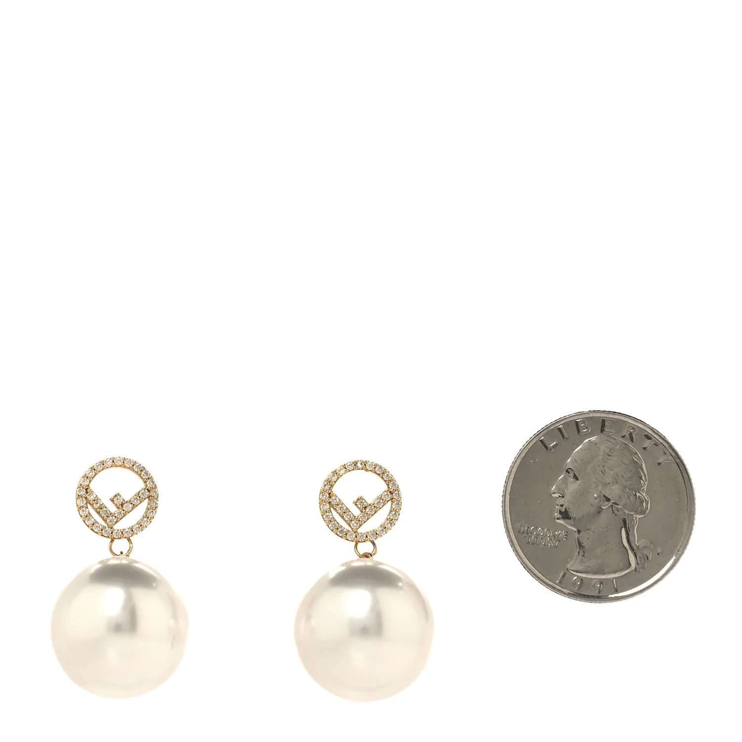 Metal Crystal Pearl Logo Drop Earrings Gold - Image 5
