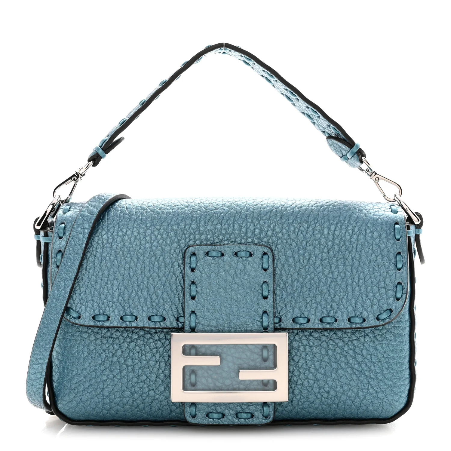 Metallic Cuoio Roma Sellerissima Nappa Sintetica Tape Stitch Mini Baguette Placca Argento
