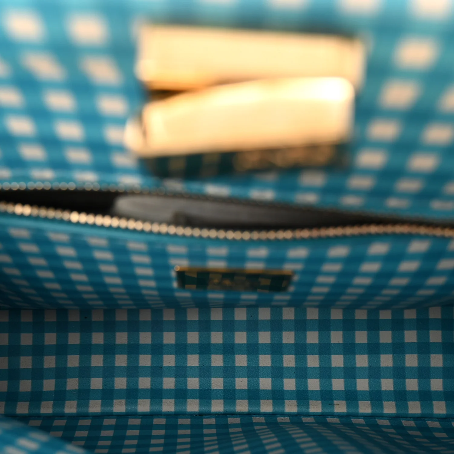 Nappa Vitello Gingham Printed Mini Peekaboo Iconic Satchel White Ice Light Blue - Image 10