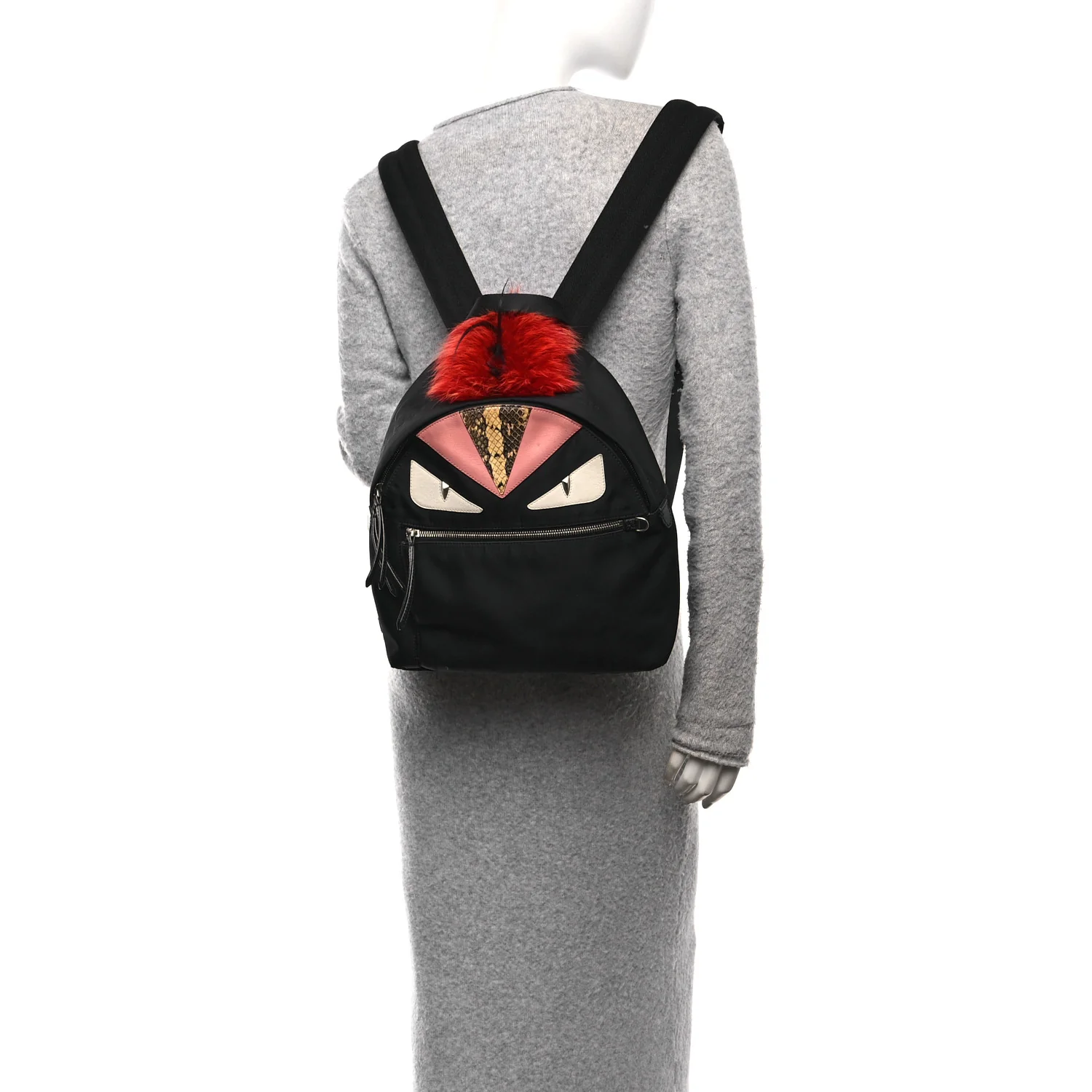 Nylon Vitello Dolce Elaphe Fox Fur Monster Eyes Backpack Black Natural Bordeaux Multicolor - Image 2