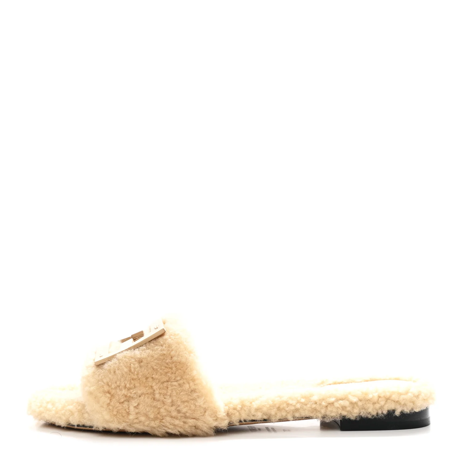 Shearling FF Baguette Slide Sandals 37 Beige Naturale