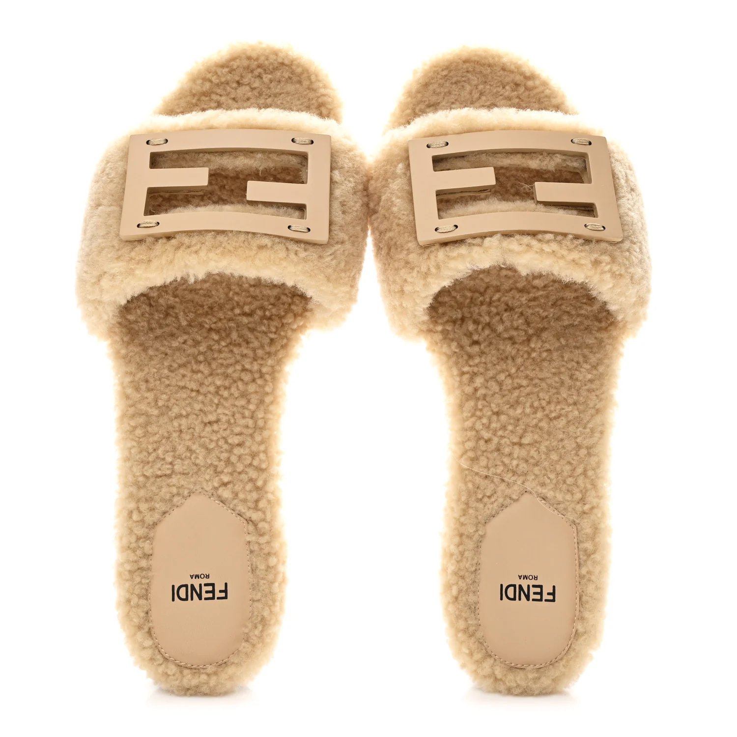 Shearling FF Baguette Slide Sandals 37 Beige Naturale - Image 2