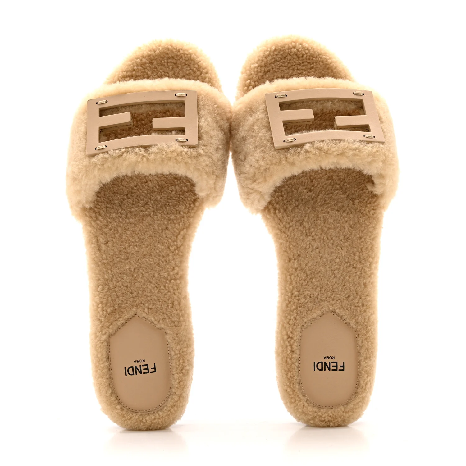 Shearling FF Baguette Slide Sandals 40 Beige Naturale - Image 2