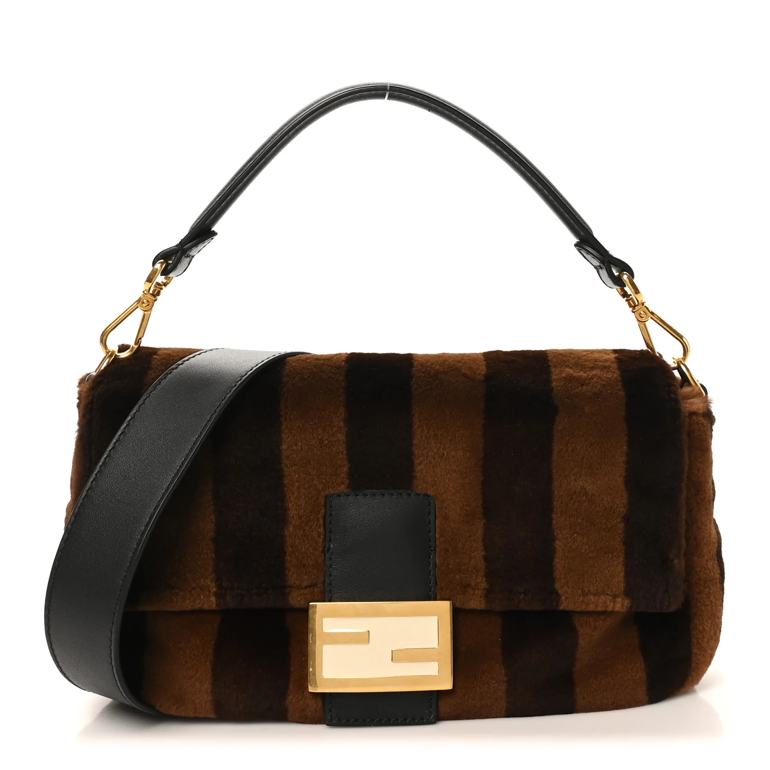 Shearling Vitello Vernice Mou Pequin Striped Baguette Tobacco Black