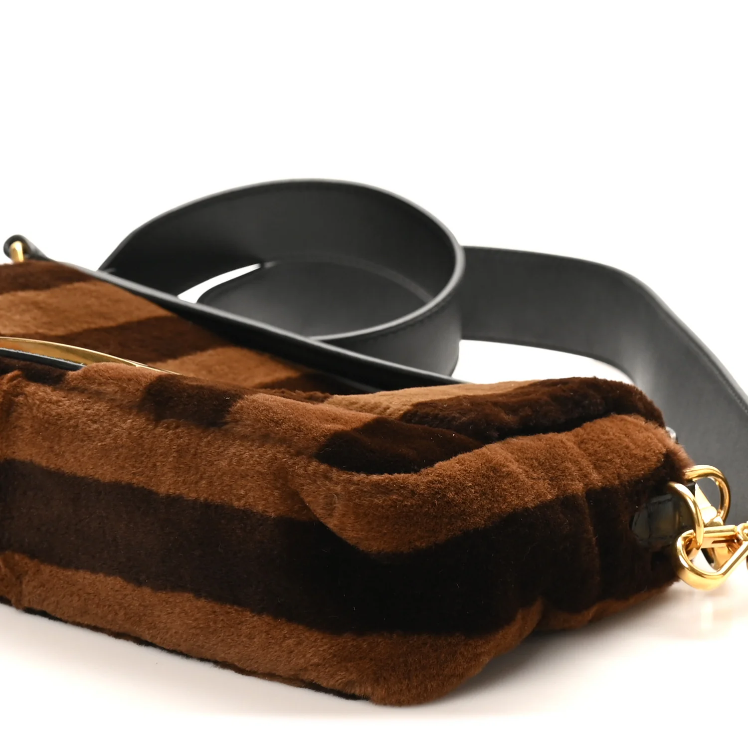 Shearling Vitello Vernice Mou Pequin Striped Baguette Tobacco Black - Image 10