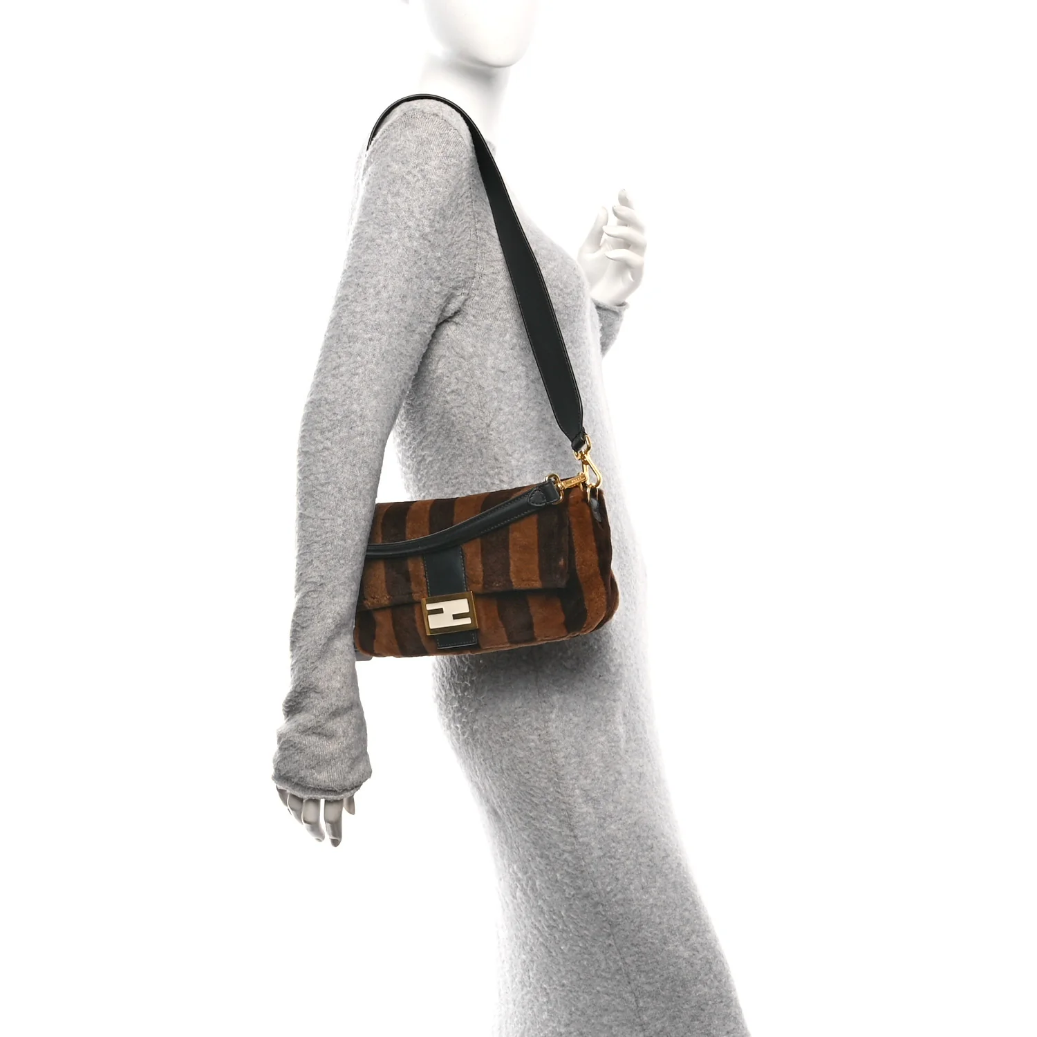 Shearling Vitello Vernice Mou Pequin Striped Baguette Tobacco Black - Image 2