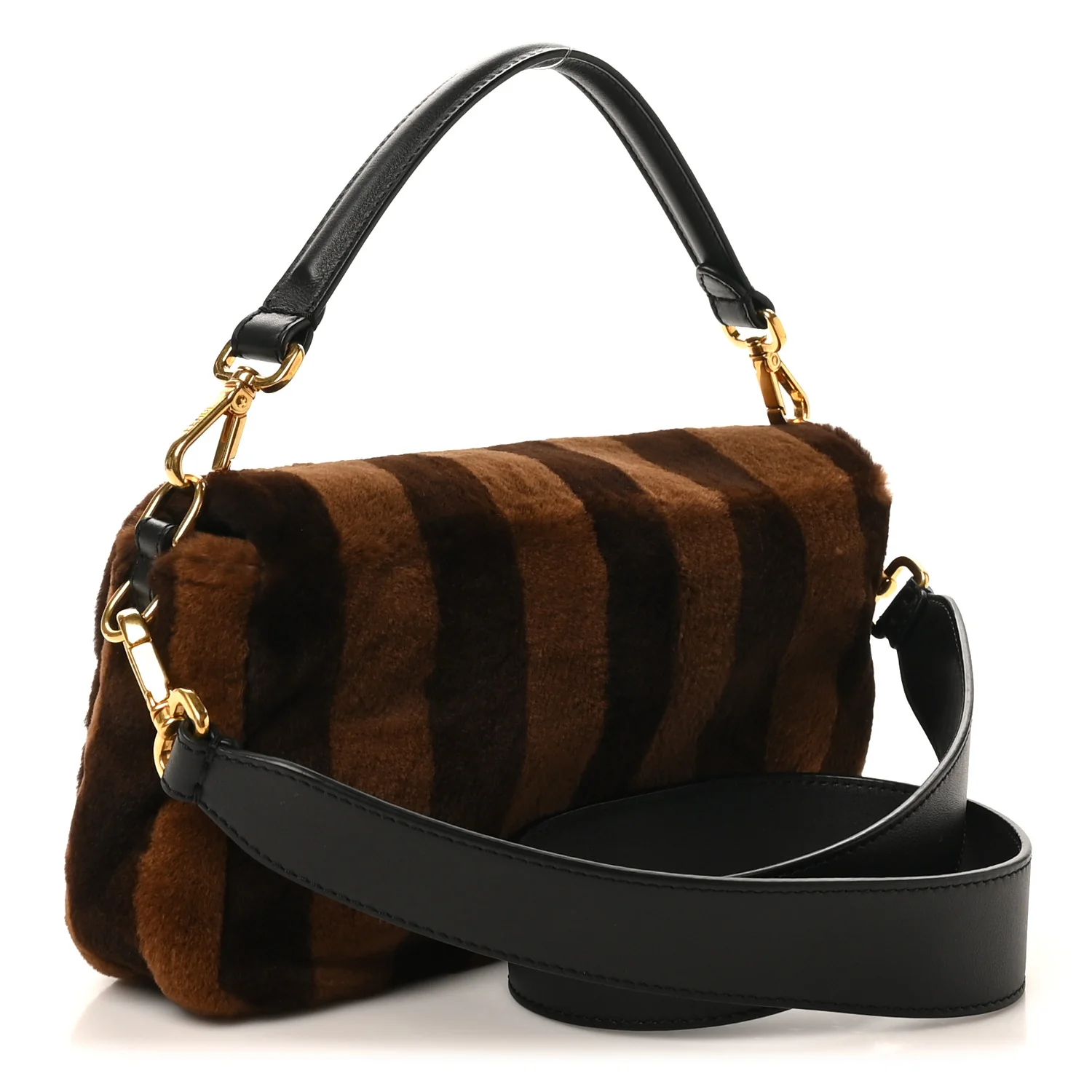 Shearling Vitello Vernice Mou Pequin Striped Baguette Tobacco Black - Image 3