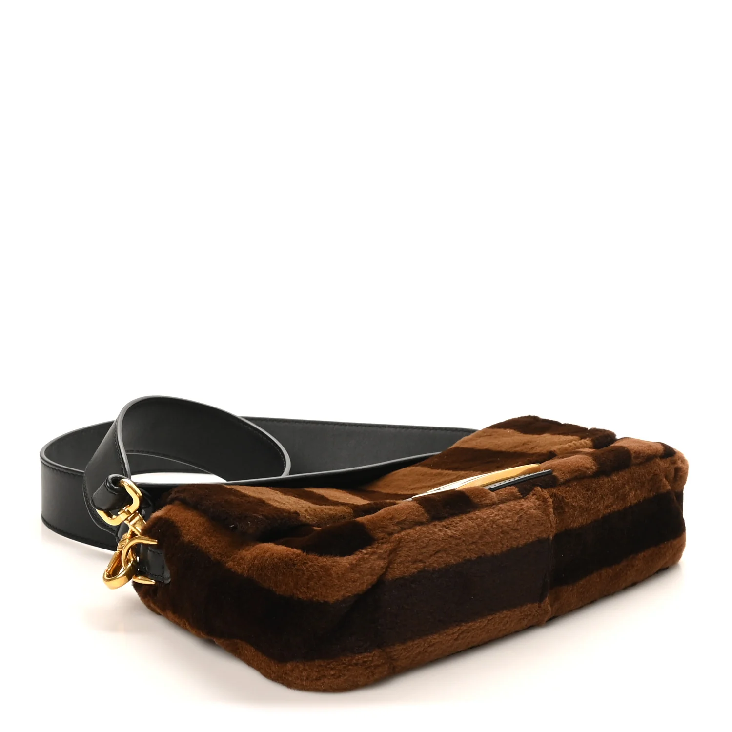 Shearling Vitello Vernice Mou Pequin Striped Baguette Tobacco Black - Image 4