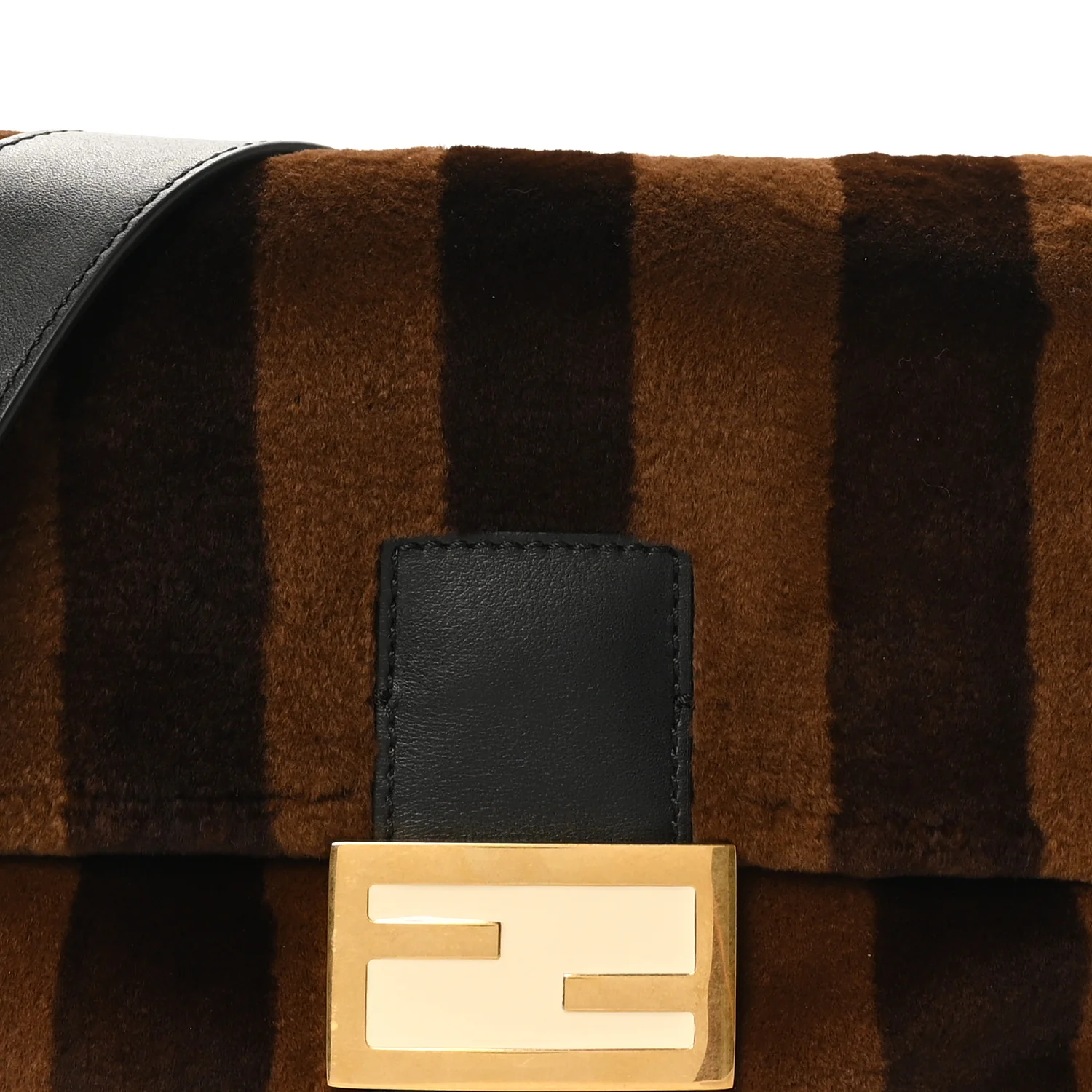 Shearling Vitello Vernice Mou Pequin Striped Baguette Tobacco Black - Image 8