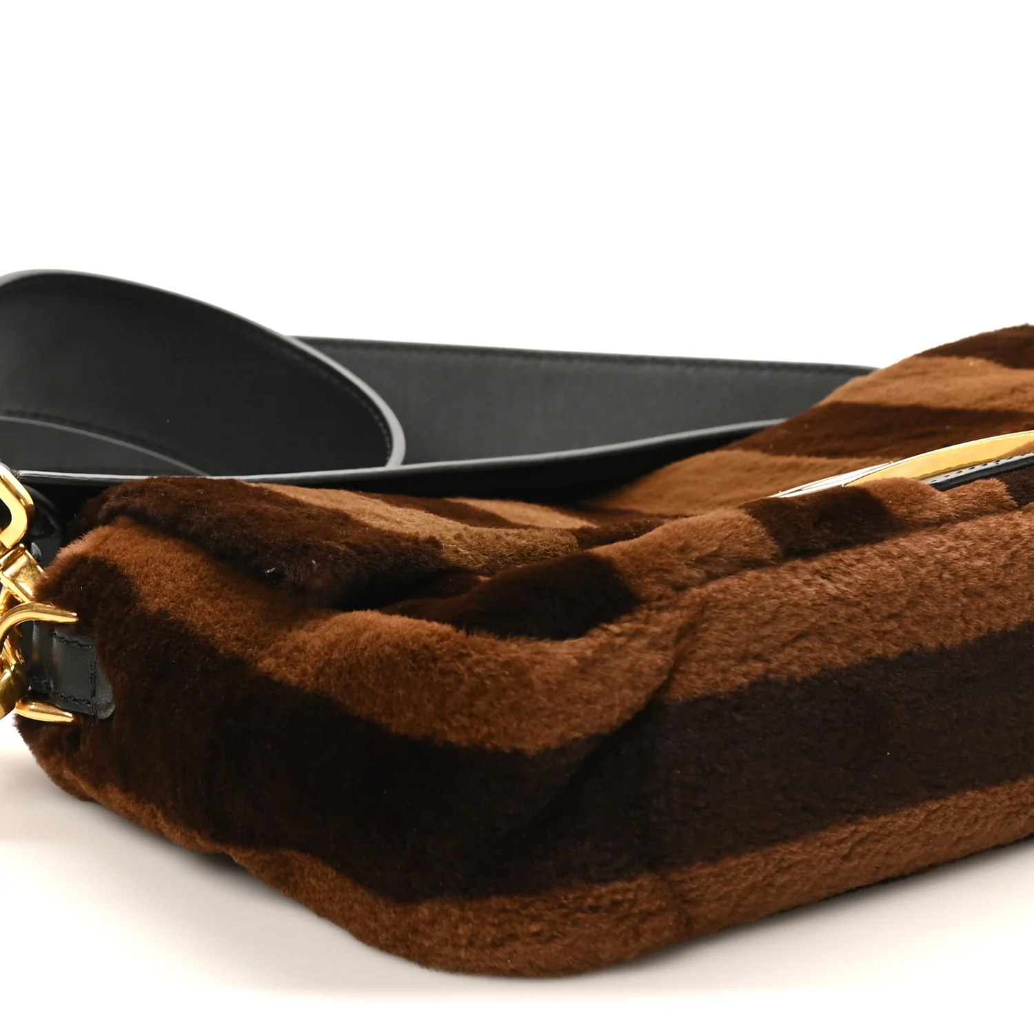 Shearling Vitello Vernice Mou Pequin Striped Baguette Tobacco Black - Image 9
