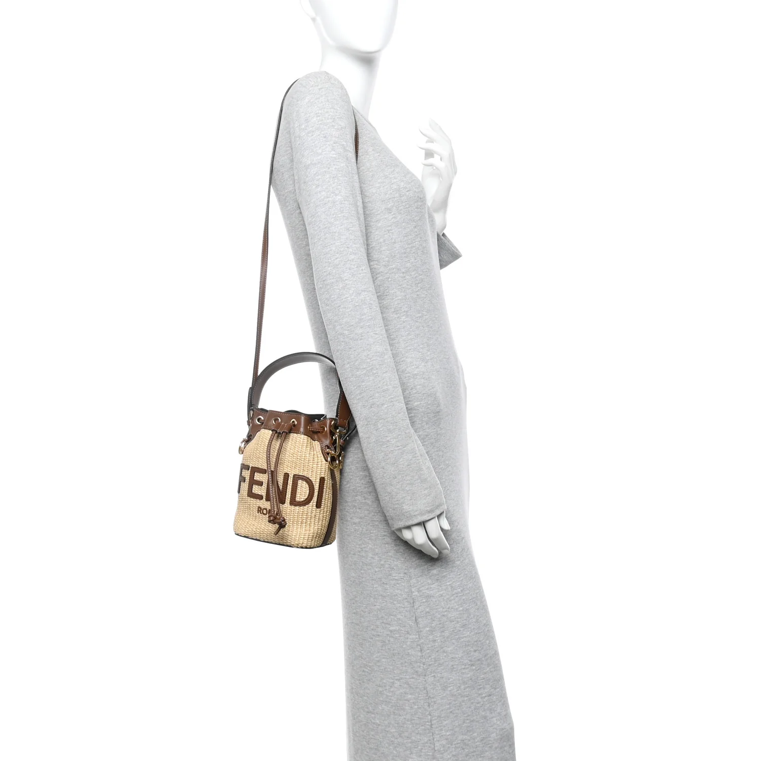 Straw F is Fendi Logo Crochet Mini Mon Tresor Bucket Bag Naturale Black - Image 2