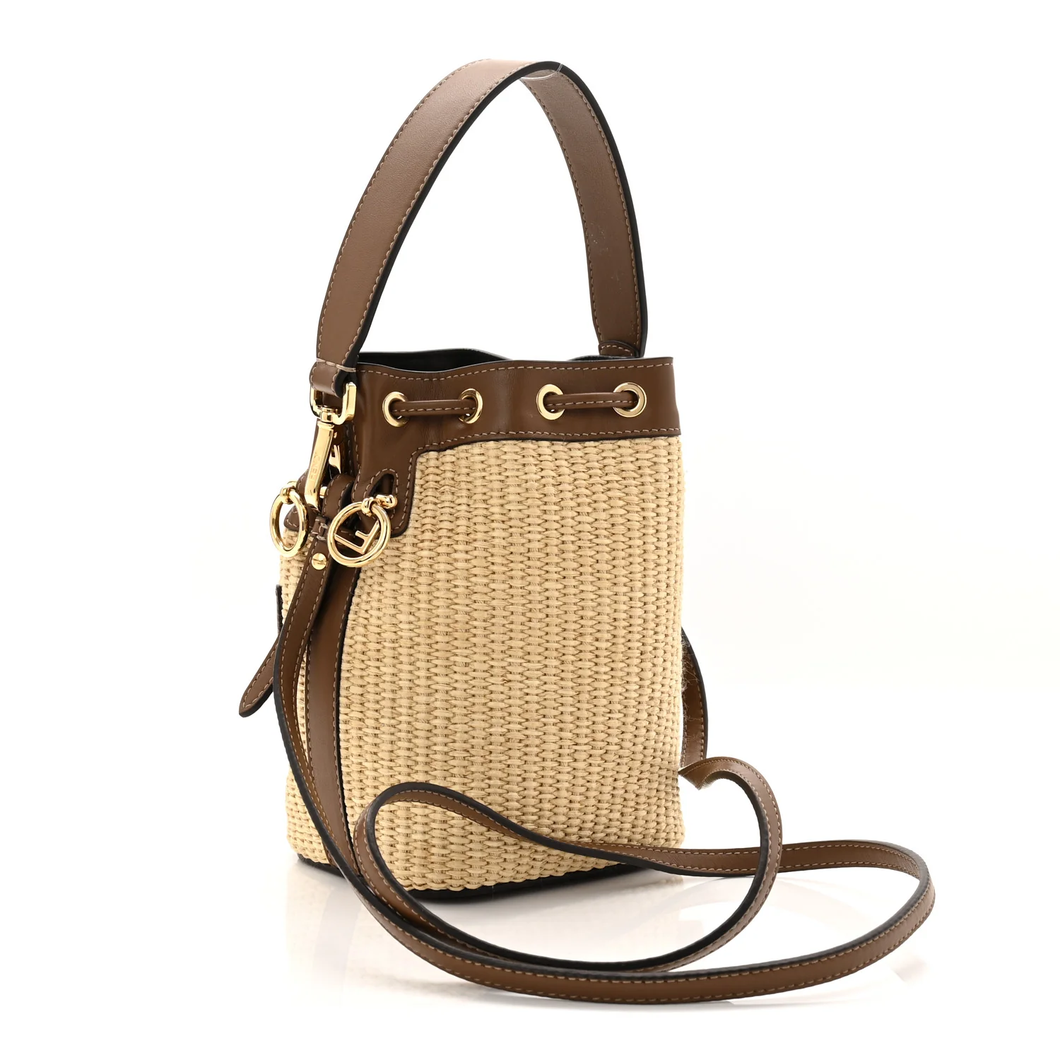 Straw F is Fendi Logo Crochet Mini Mon Tresor Bucket Bag Naturale Black - Image 3