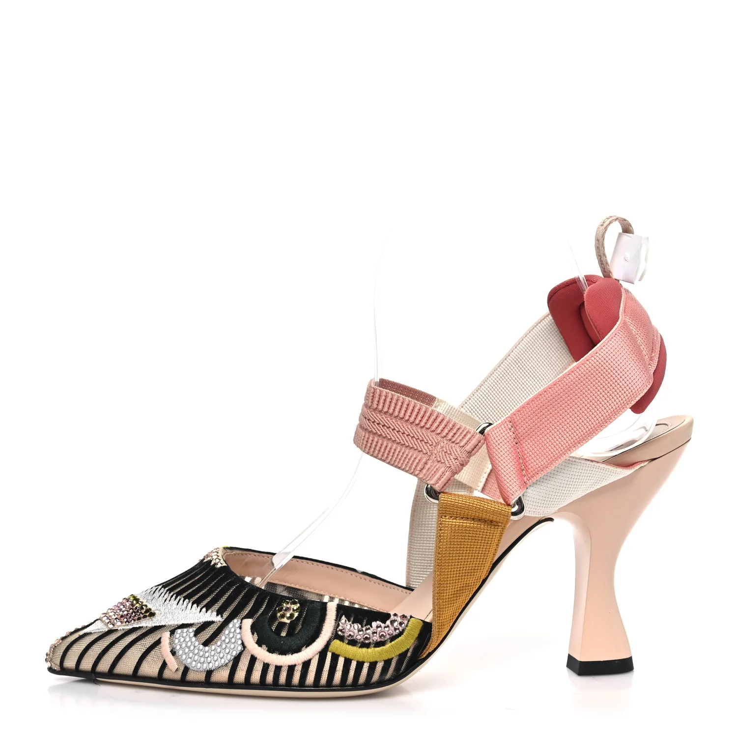 Velvet Mesh Colibri Crystal FF Sporty 85mm Slingback Pumps 38 Silver Pink Green