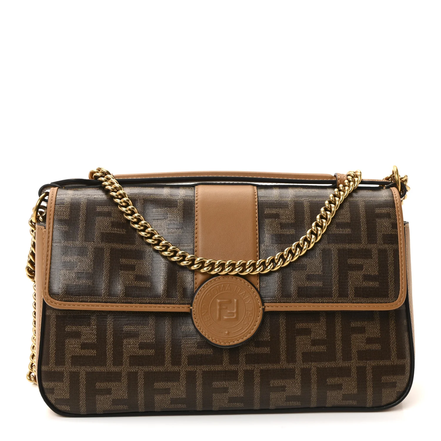 Vitello Grace Glazed Fabric FF 1974 Double F Shoulder Bag Alchemy Mogano Panna