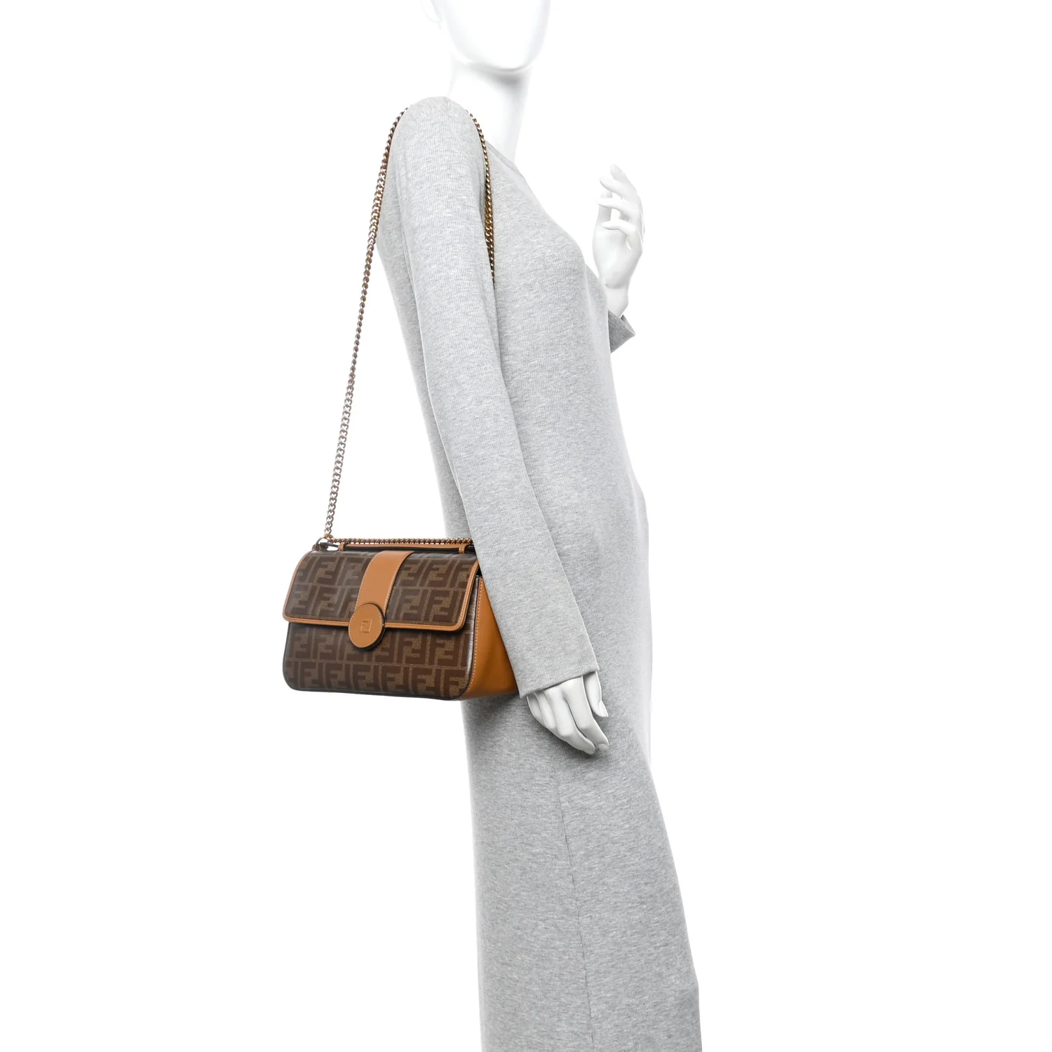 Vitello Grace Glazed Fabric FF 1974 Double F Shoulder Bag Alchemy Mogano Panna - Image 2