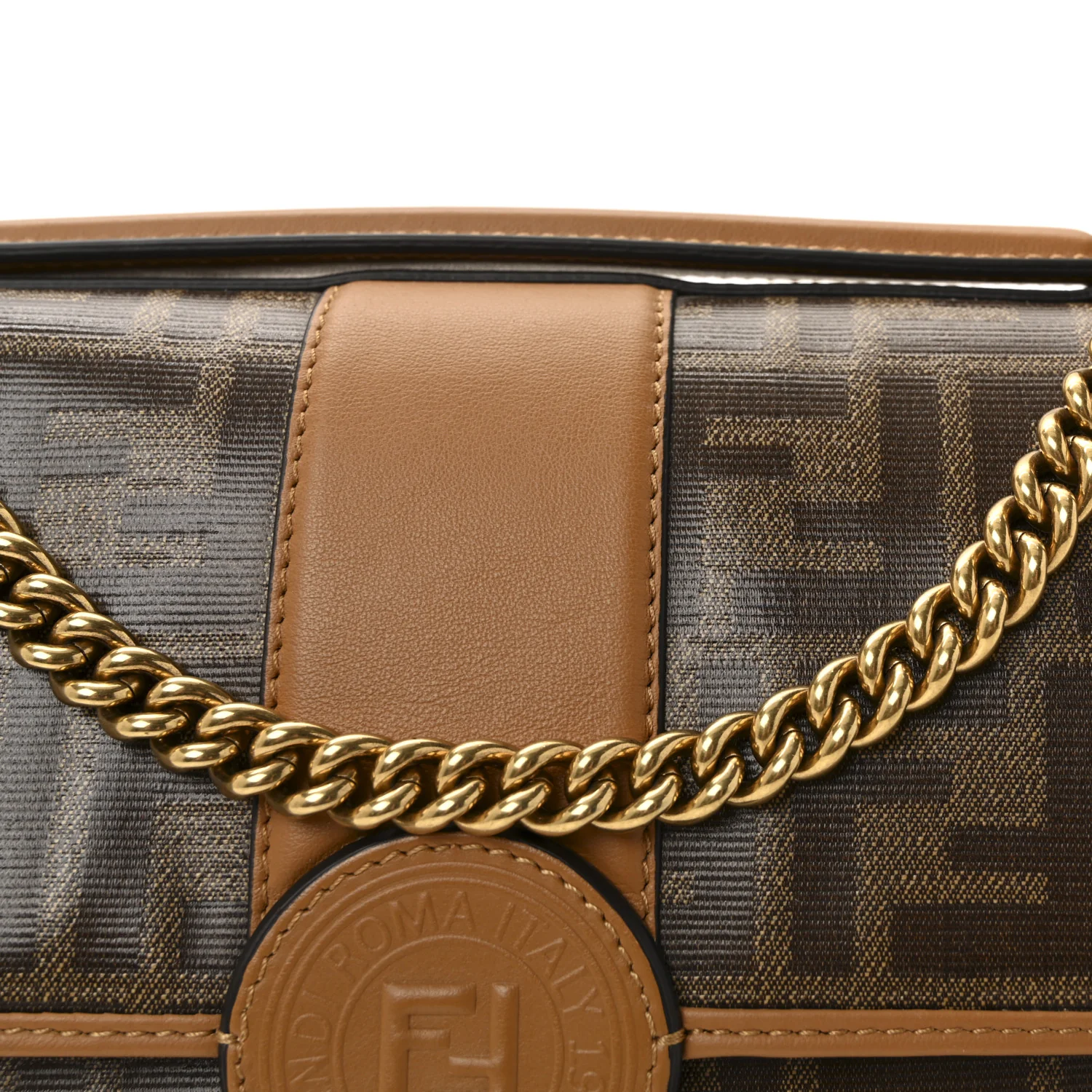 Vitello Grace Glazed Fabric FF 1974 Double F Shoulder Bag Alchemy Mogano Panna - Image 8