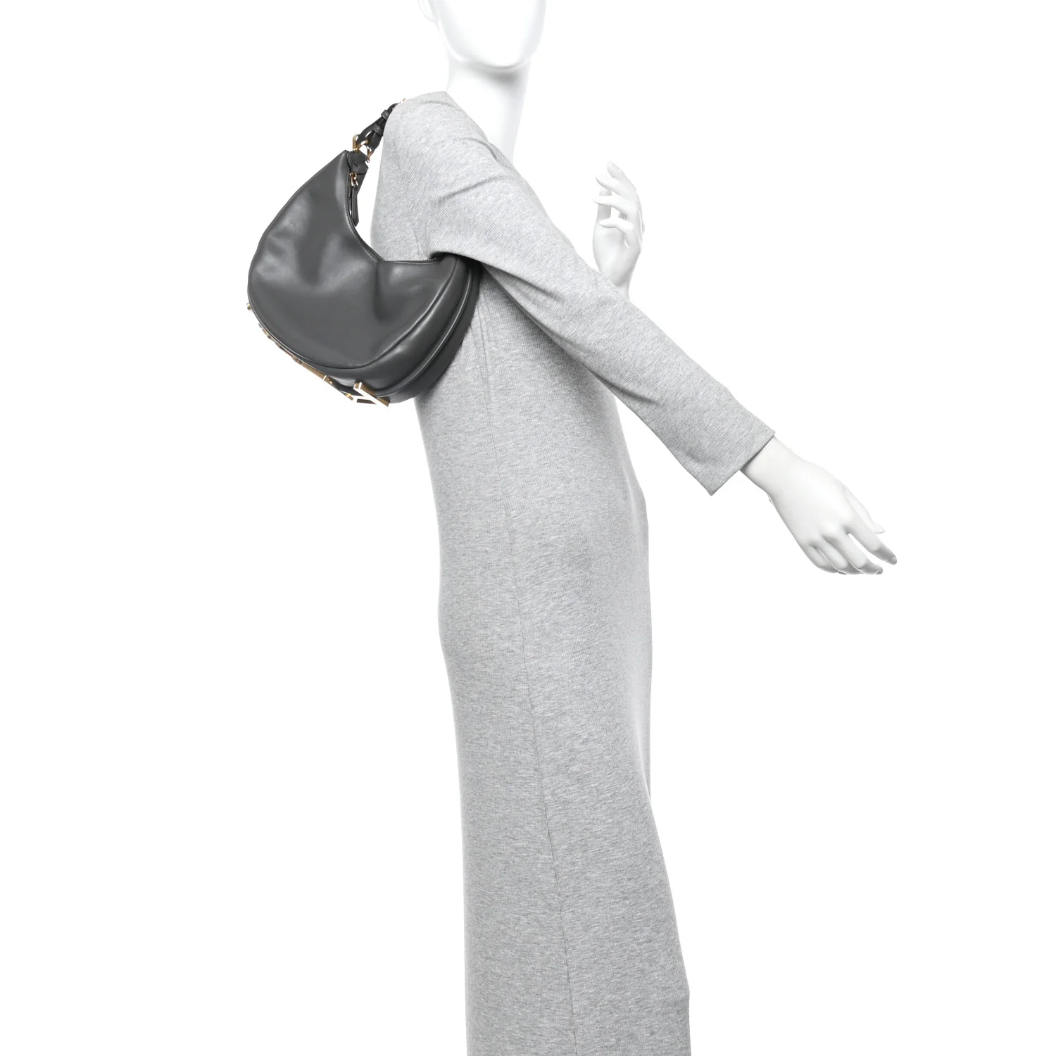 Vitello Grace Matte Small Fendigraphy Hobo Bag Anthracite - Image 2