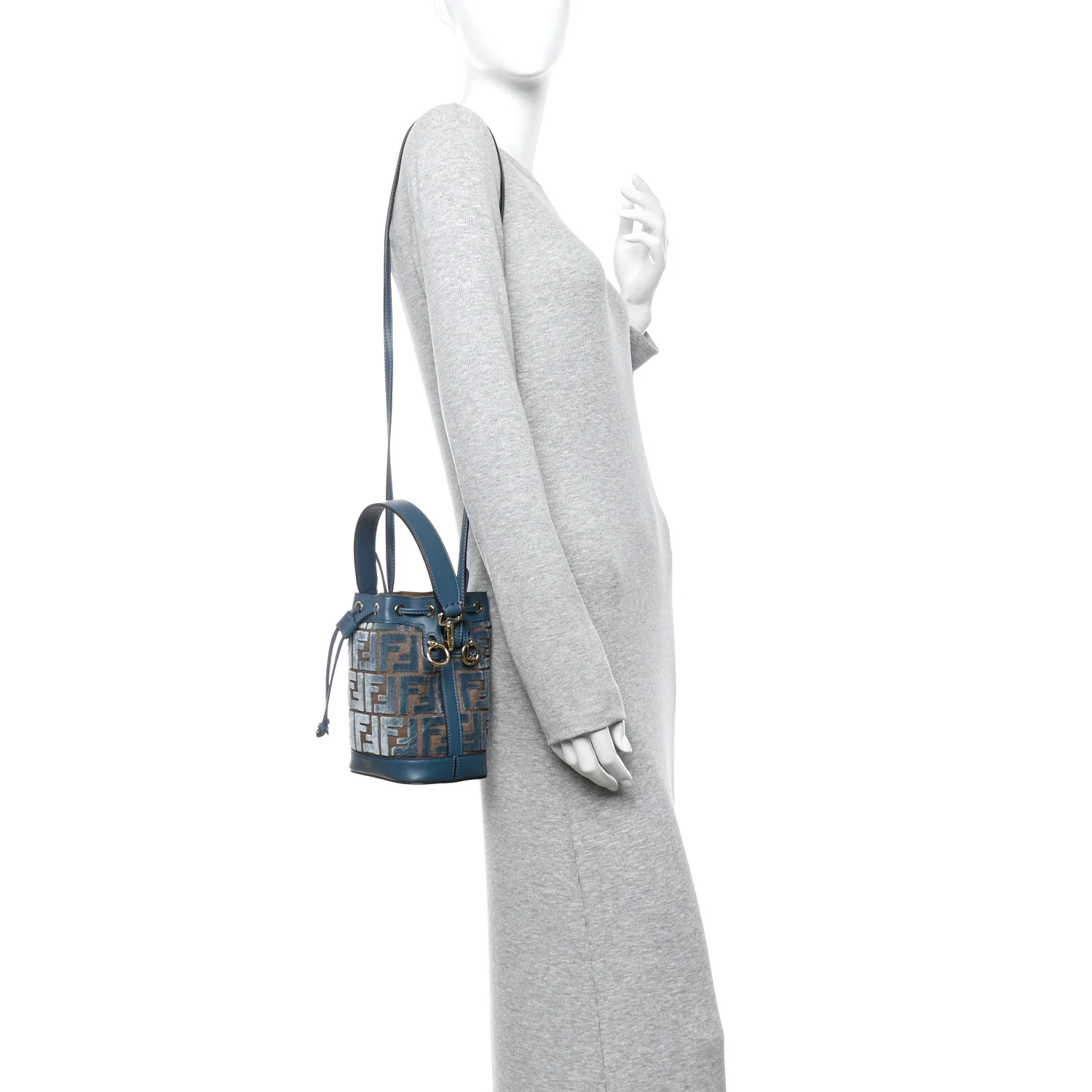 Vitello Grace Velluto FF Mini Mon Tresor Bucket Bag Dusty Blue Brown - Image 2