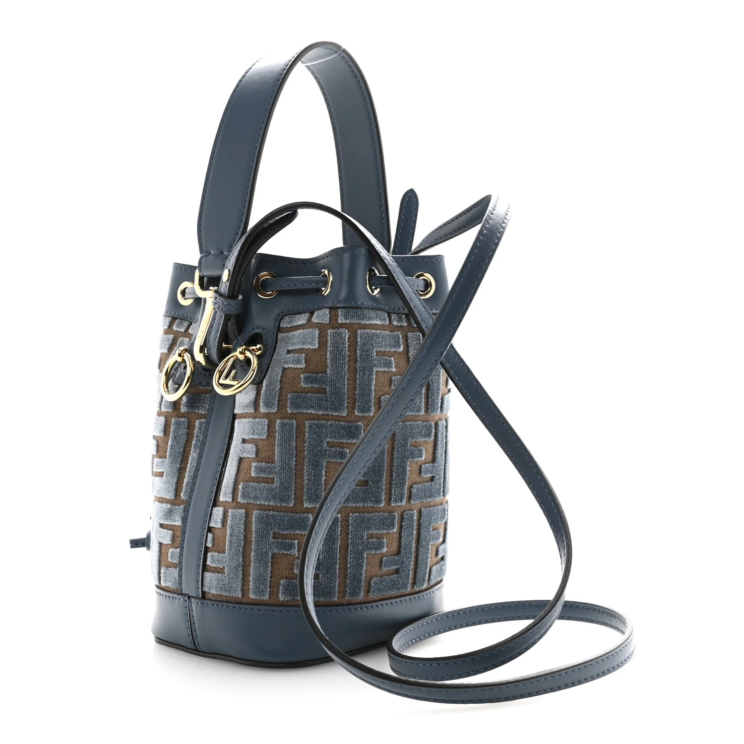 Vitello Grace Velluto FF Mini Mon Tresor Bucket Bag Dusty Blue Brown - Image 3