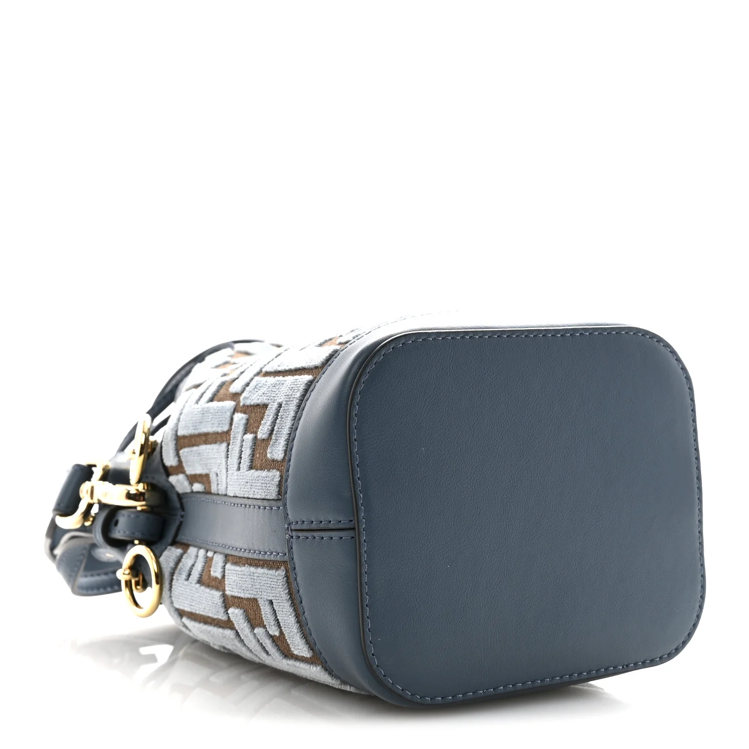 Vitello Grace Velluto FF Mini Mon Tresor Bucket Bag Dusty Blue Brown - Image 4