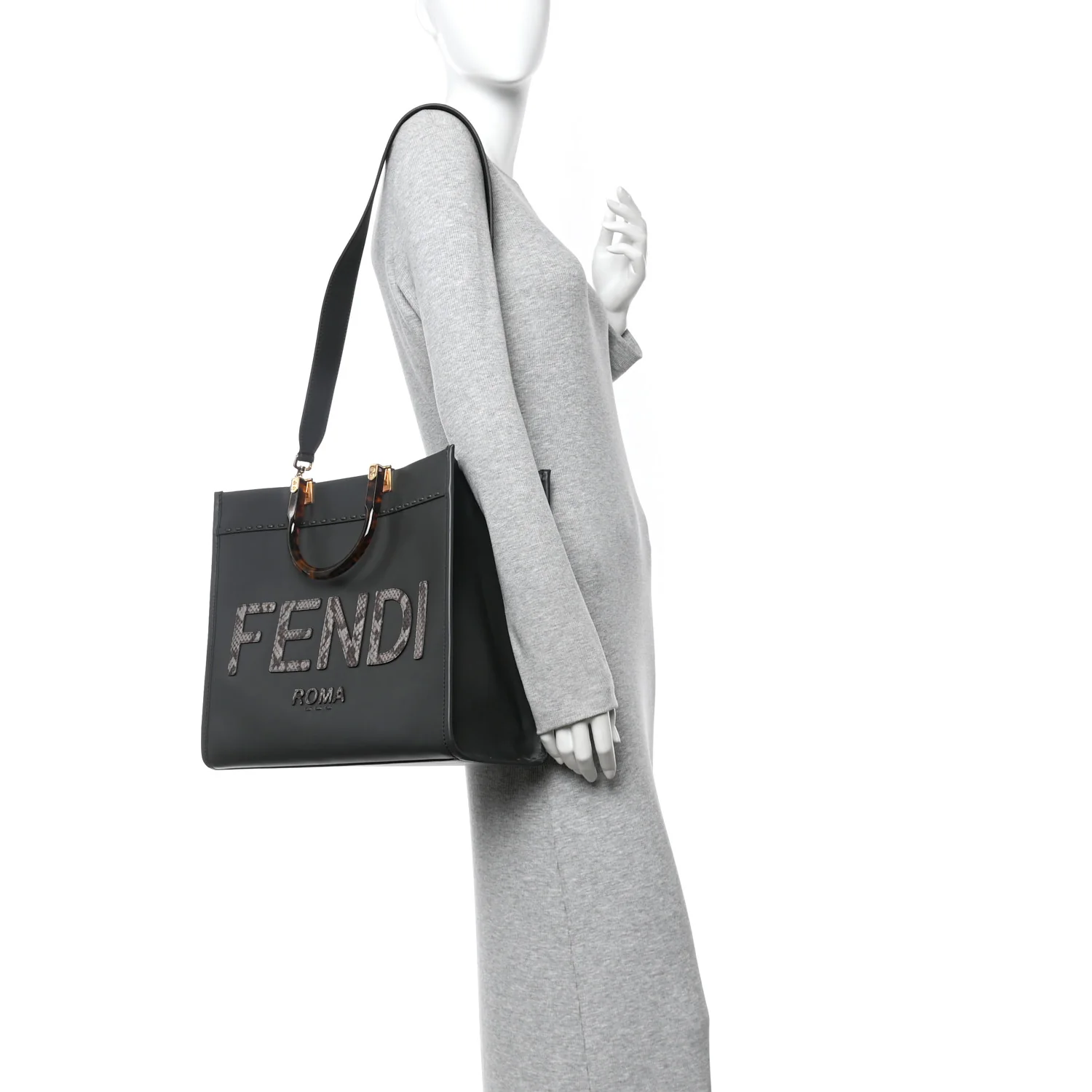 Vitello King Plexiglass Elaphe Snakeskin Print Logo Medium Fendi Sunshine Shopper Tote Dark Asphalt - Image 2