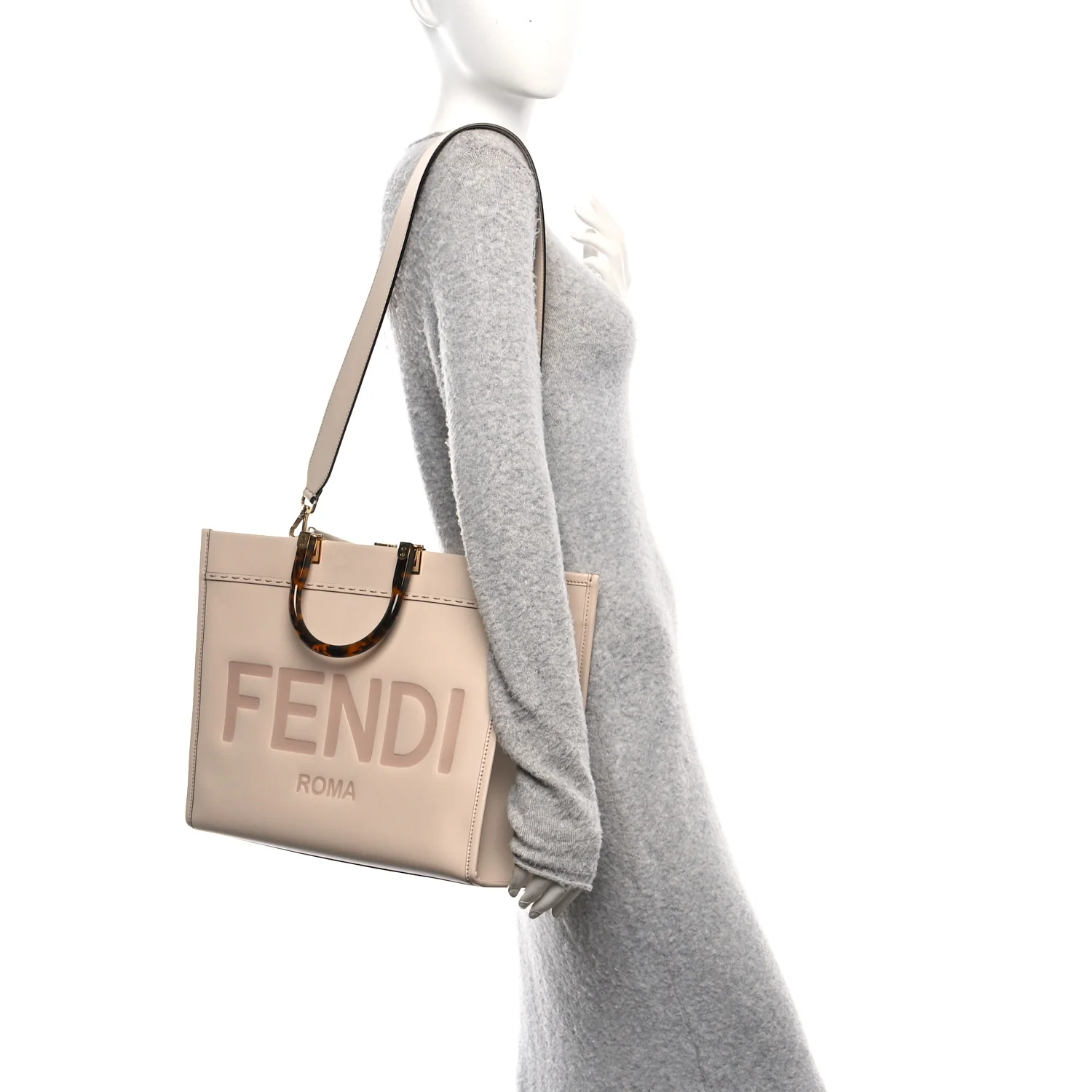 Vitello King Plexiglass Logo Embossed Medium Fendi Sunshine Shopper Tote Poudre - Image 2