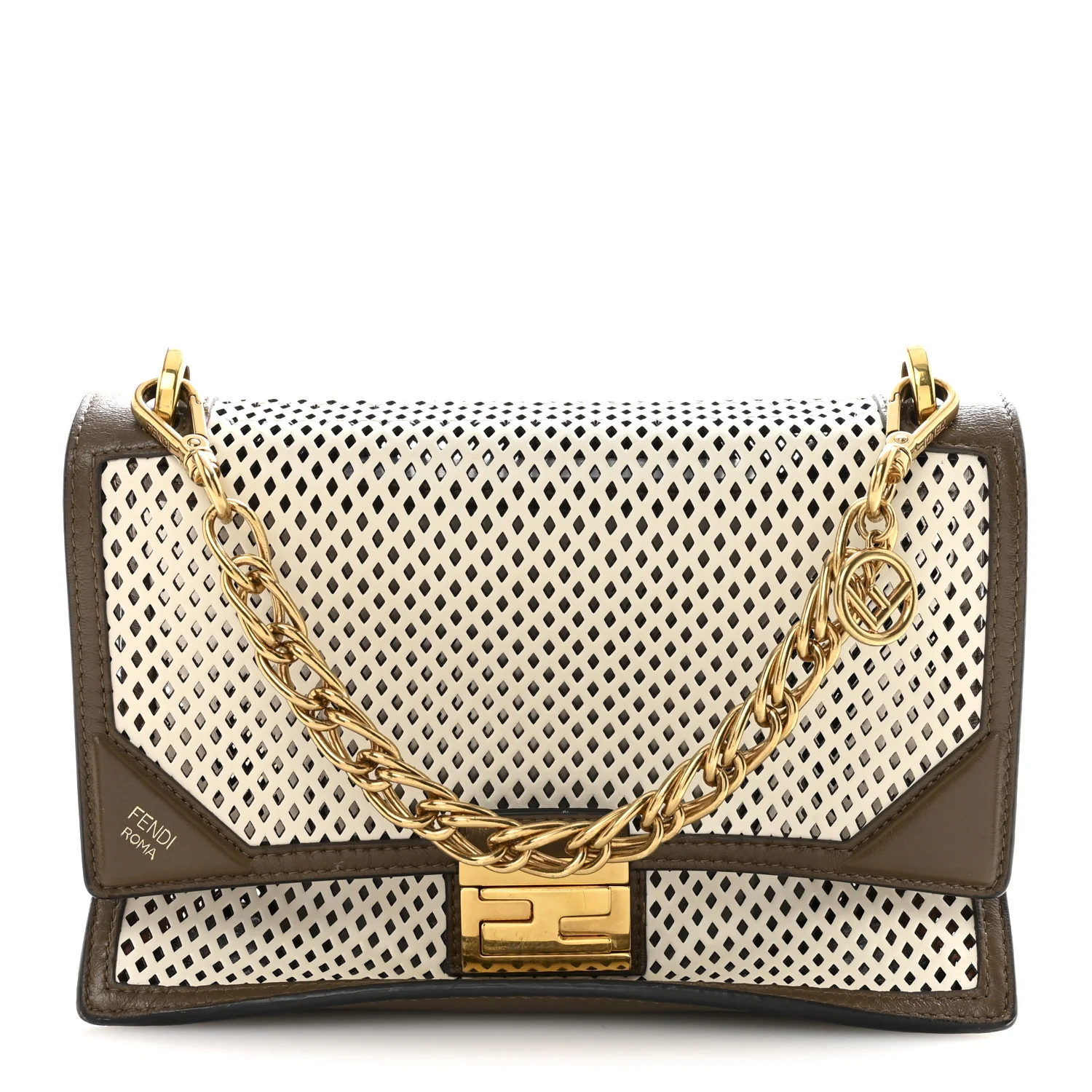 Vitello Liberty Glossy Lambskin F is Fendi Perforated Kan U Shoulder Bag White Ice Rust Maya