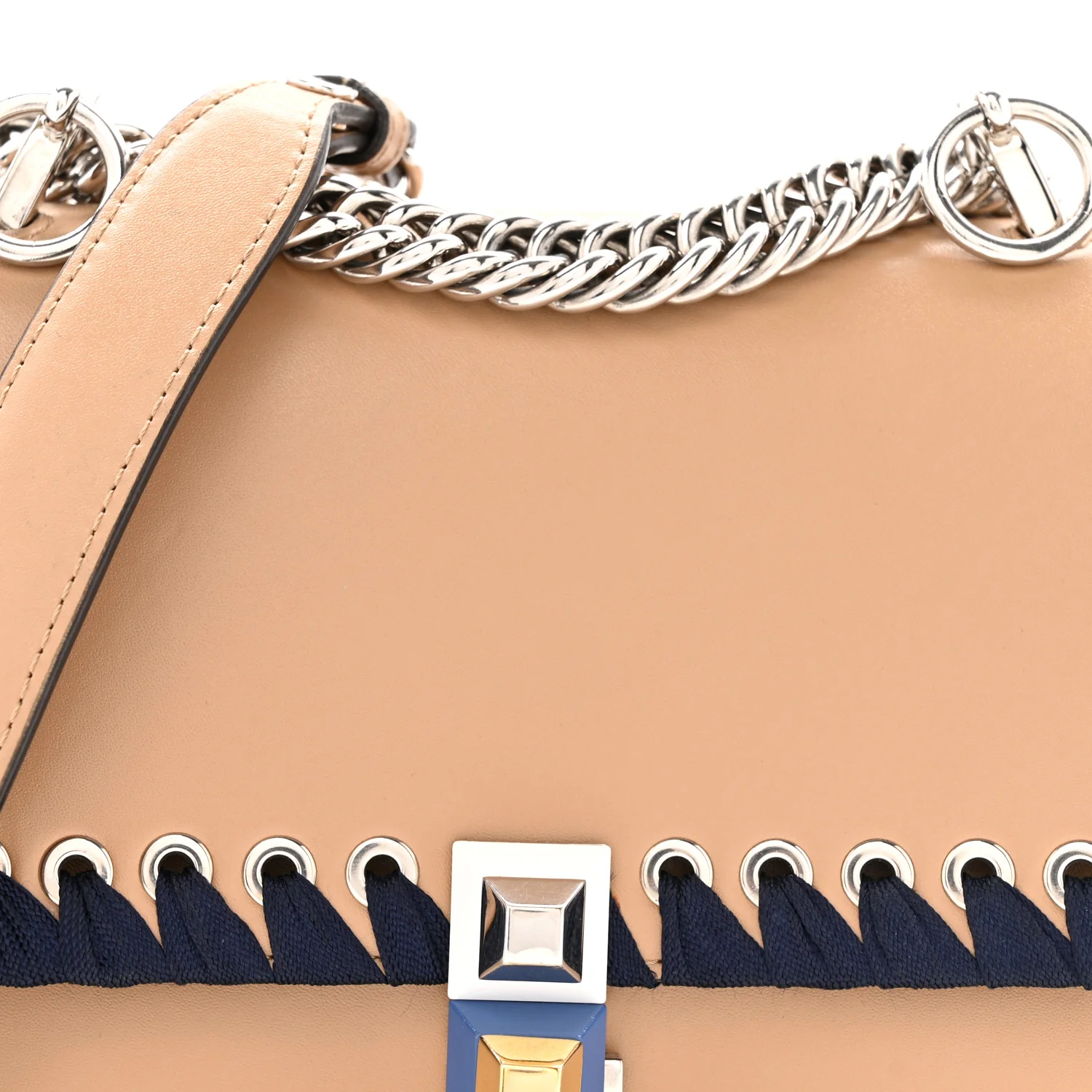 Vitello Liberty Lucido Ribbon Lace Up Studded Small Kan I Shoulder Bag Cuoio Navy - Image 9
