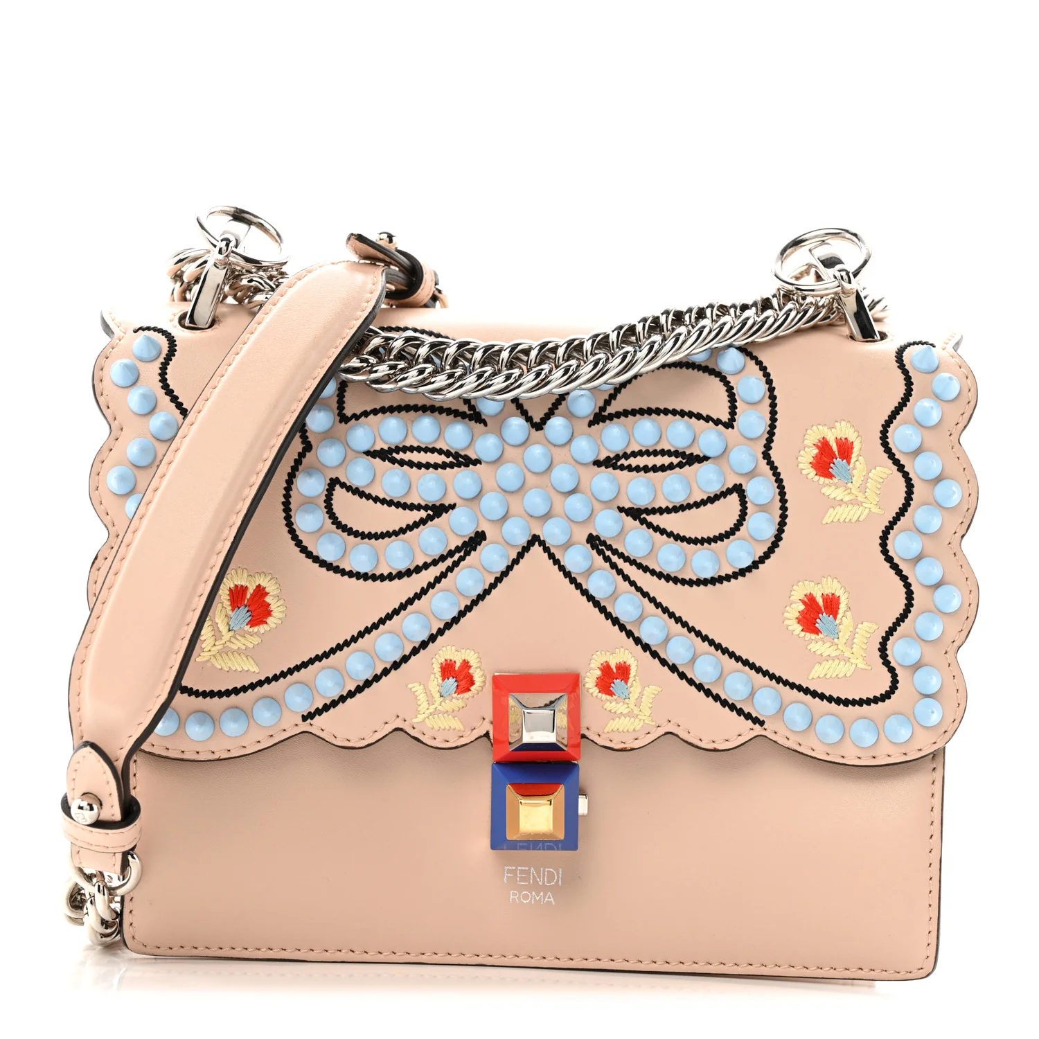 Vitello Liberty Scalloped Studded Flowers and Bows Small Kan I Shoulder Bag Plaster Multicolor