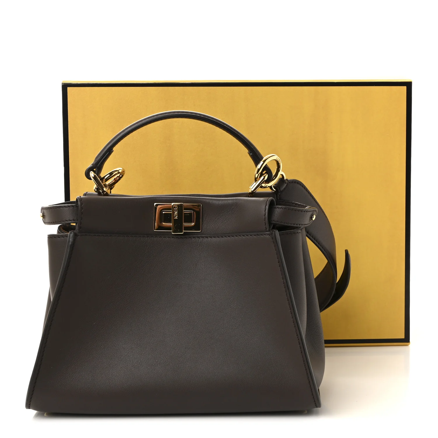Vitello Seta Suede FF Mini Peekaboo Iconic Satchel Chocolate Sigaro Marrone - Image 10