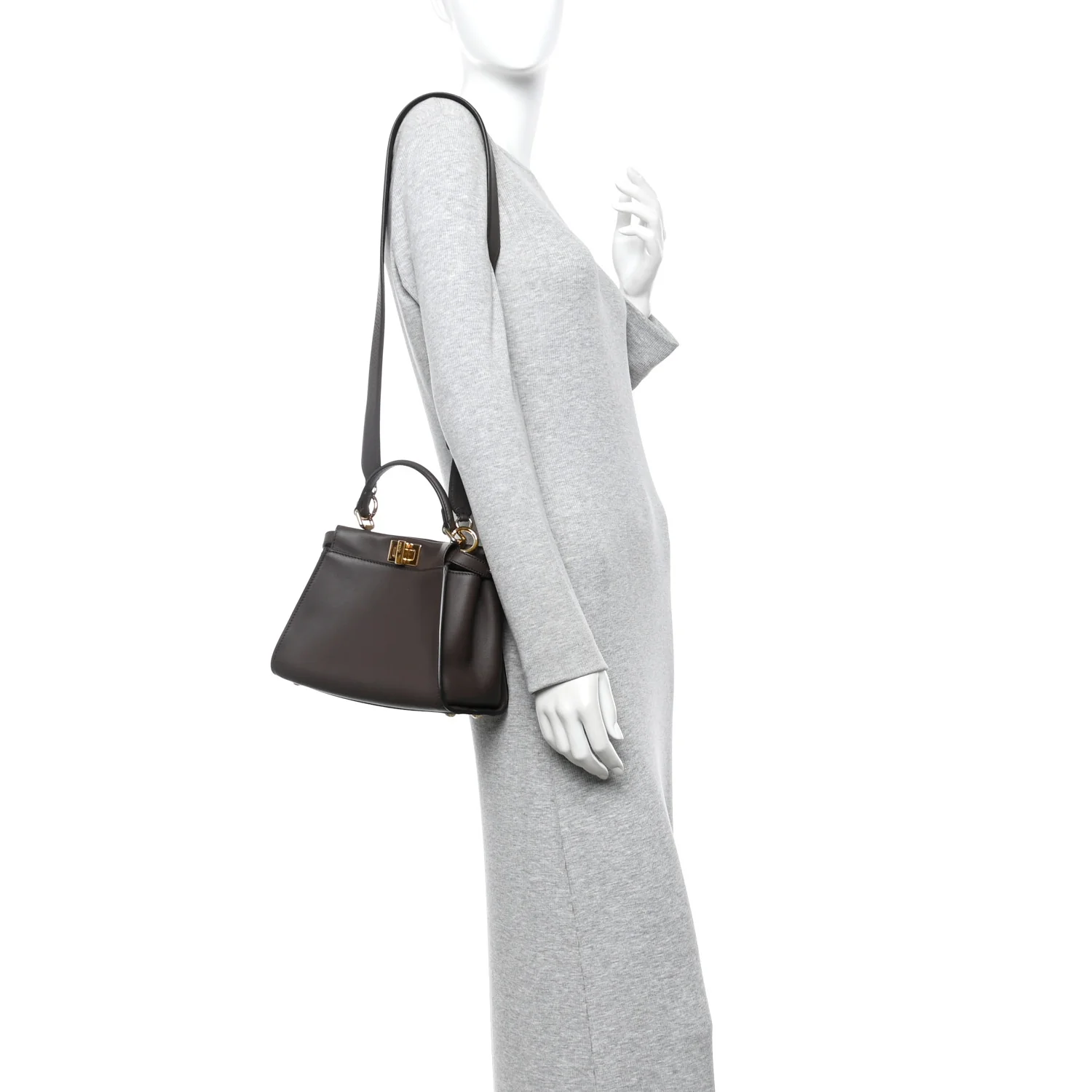 Vitello Seta Suede FF Mini Peekaboo Iconic Satchel Chocolate Sigaro Marrone - Image 2