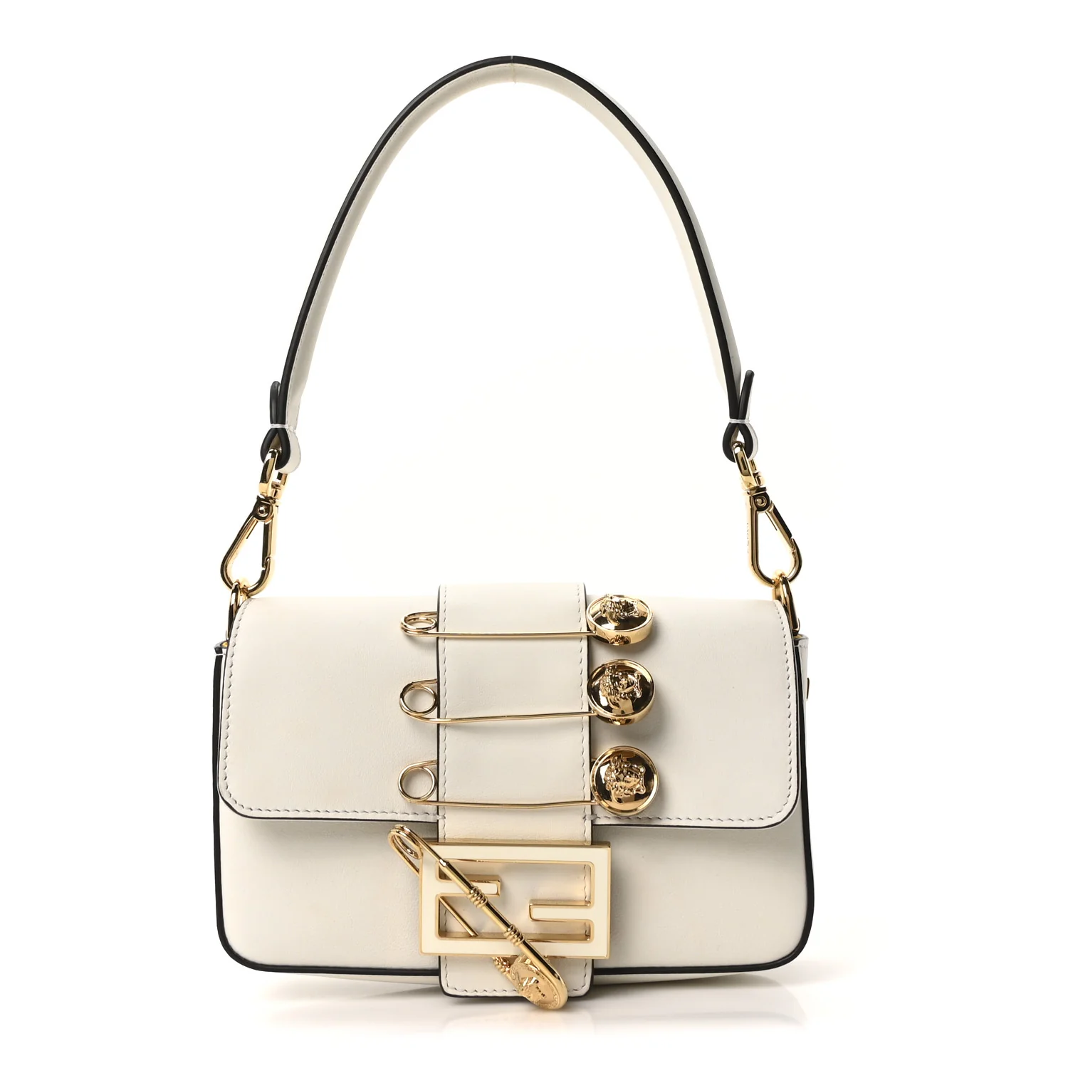 X VERSACE Vitello Seta Fendace Mini Brooch Baguette White Ice