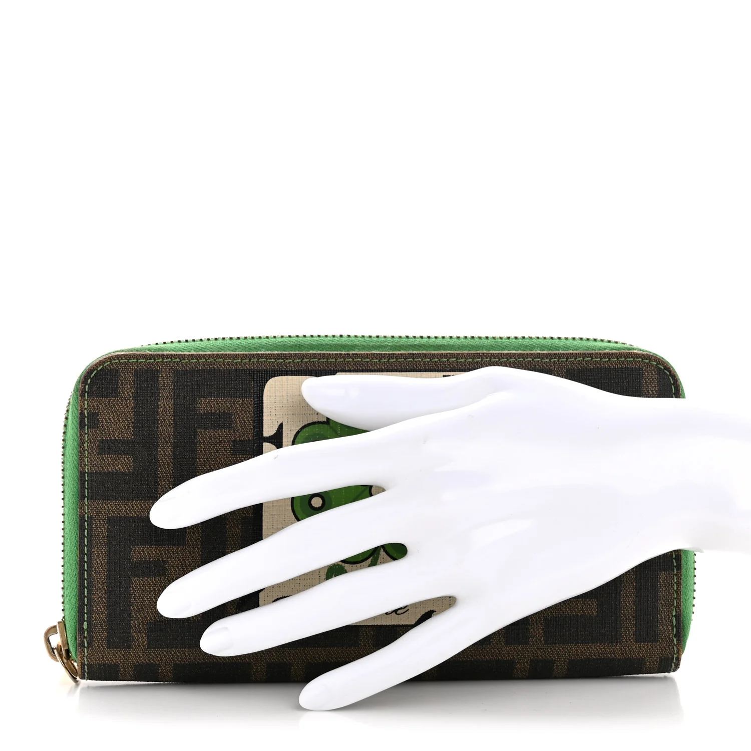 Zucca Spalmati Vitello Elite Clover Print Zip Around Wallet Tobacco Green - Image 2