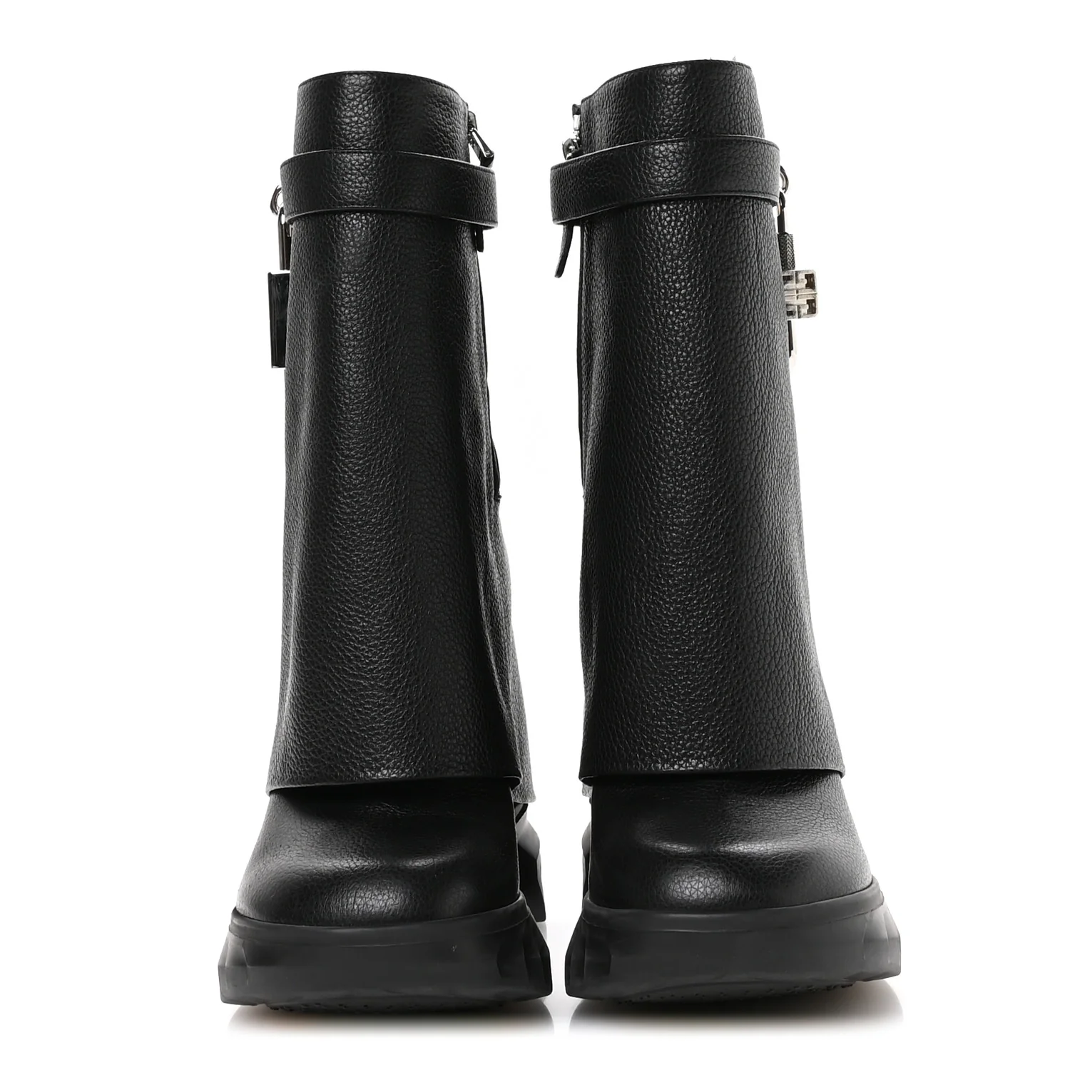 Grained Calfskin Shark Lock Biker Ankle Boots 36 Black - Image 3