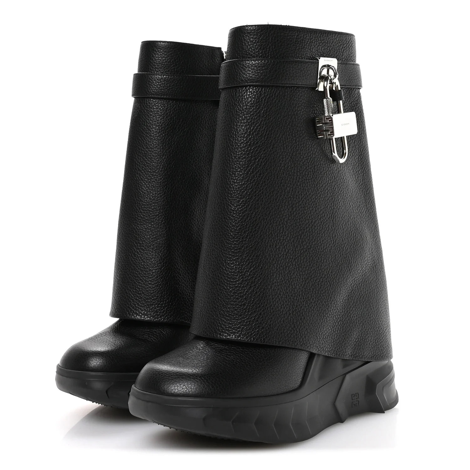 Grained Calfskin Shark Lock Biker Ankle Boots 36 Black - Image 4