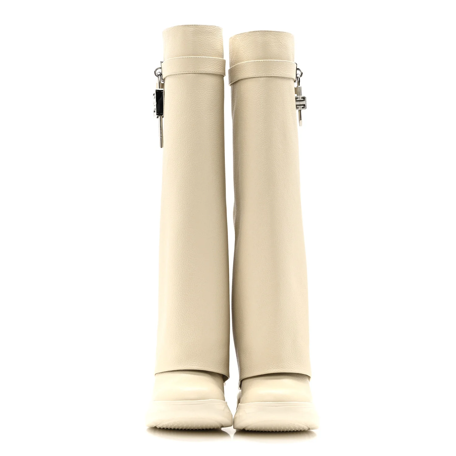 Grained Calfskin Shark Lock Biker Knee Boots 37 Beige - Image 2