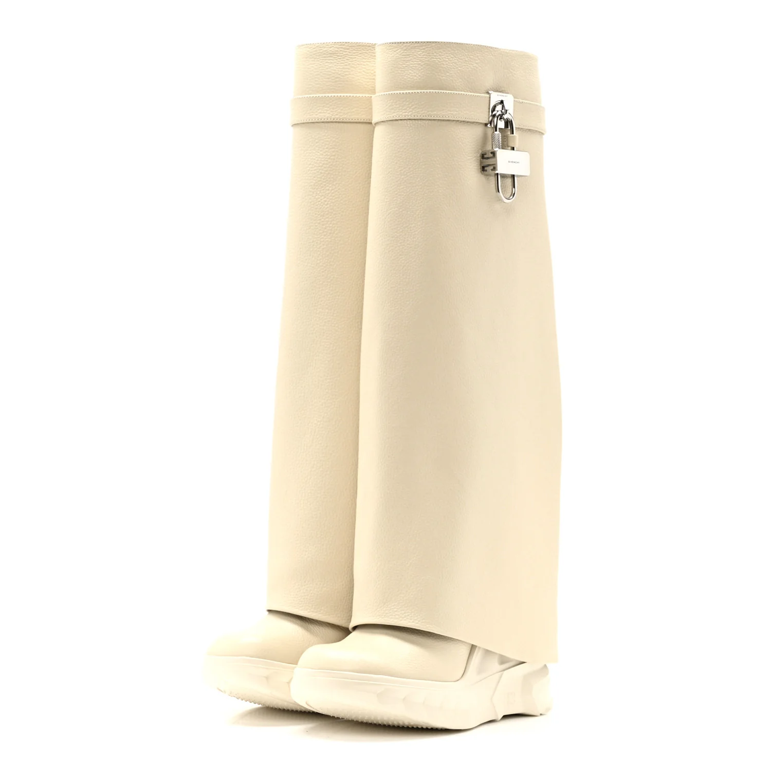 Grained Calfskin Shark Lock Biker Knee Boots 37 Beige - Image 3