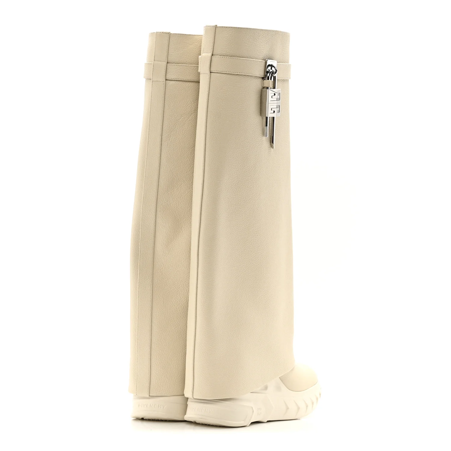 Grained Calfskin Shark Lock Biker Knee Boots 37 Beige - Image 4